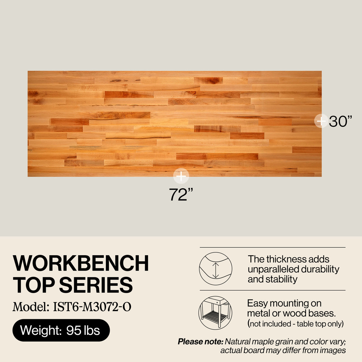 John Boos 72-Inch Workbench Top, Sturdy and Durable for Shop Work, Maple Wood - VMInnovations