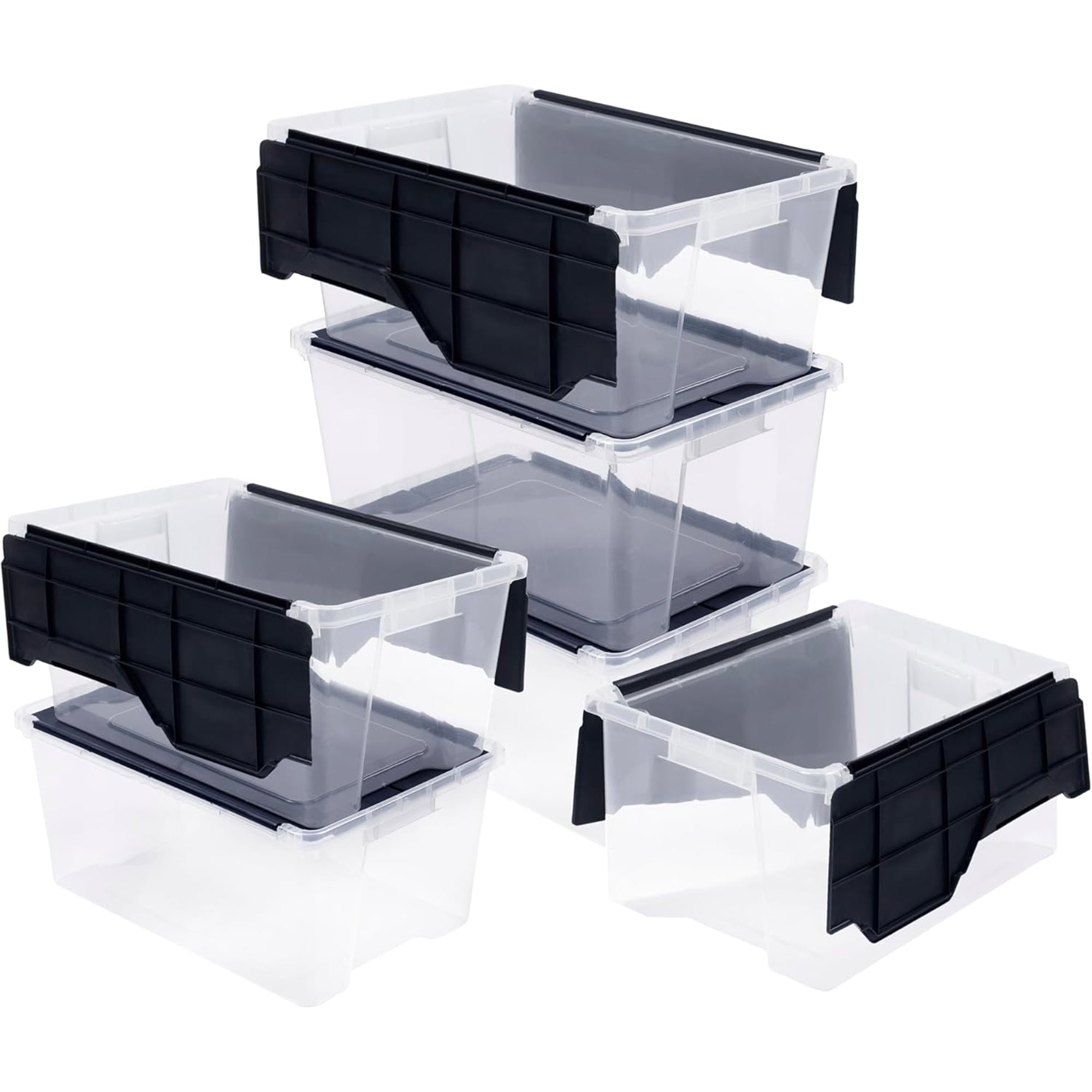 Organize-It! 28 Quart Mini Flip-Top Tote, Stackable Bins, Clear/Black, 6 Pack