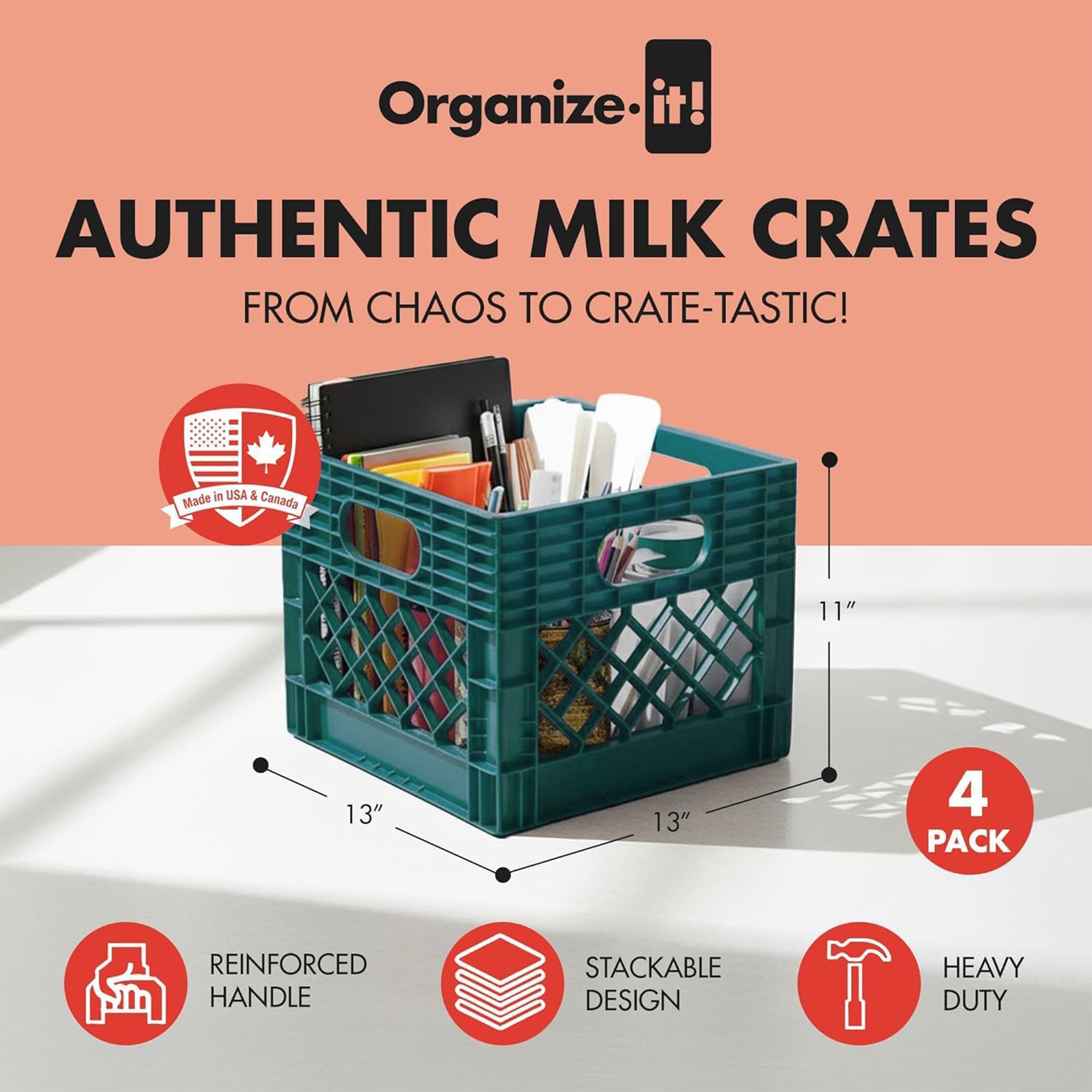 ORGANIZE-IT! Storage Milk Crate, Heavy-Duty Versatile Organizers, Teal, 4 Pack
