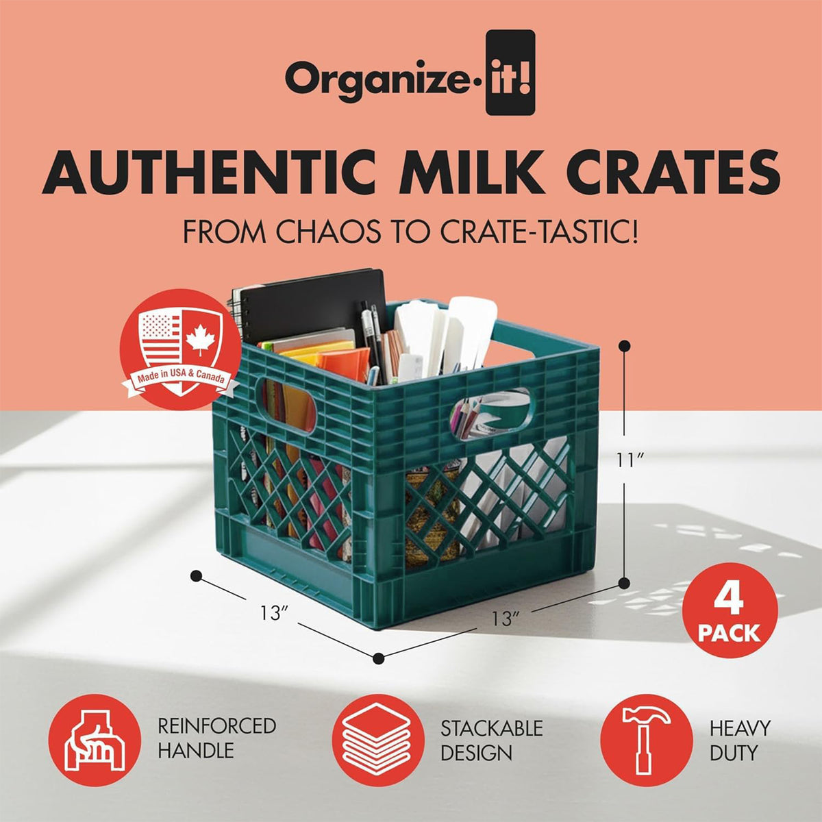 ORGANIZE-IT! Storage Milk Crate, Heavy-Duty Versatile Organizers Teal (Open Box)