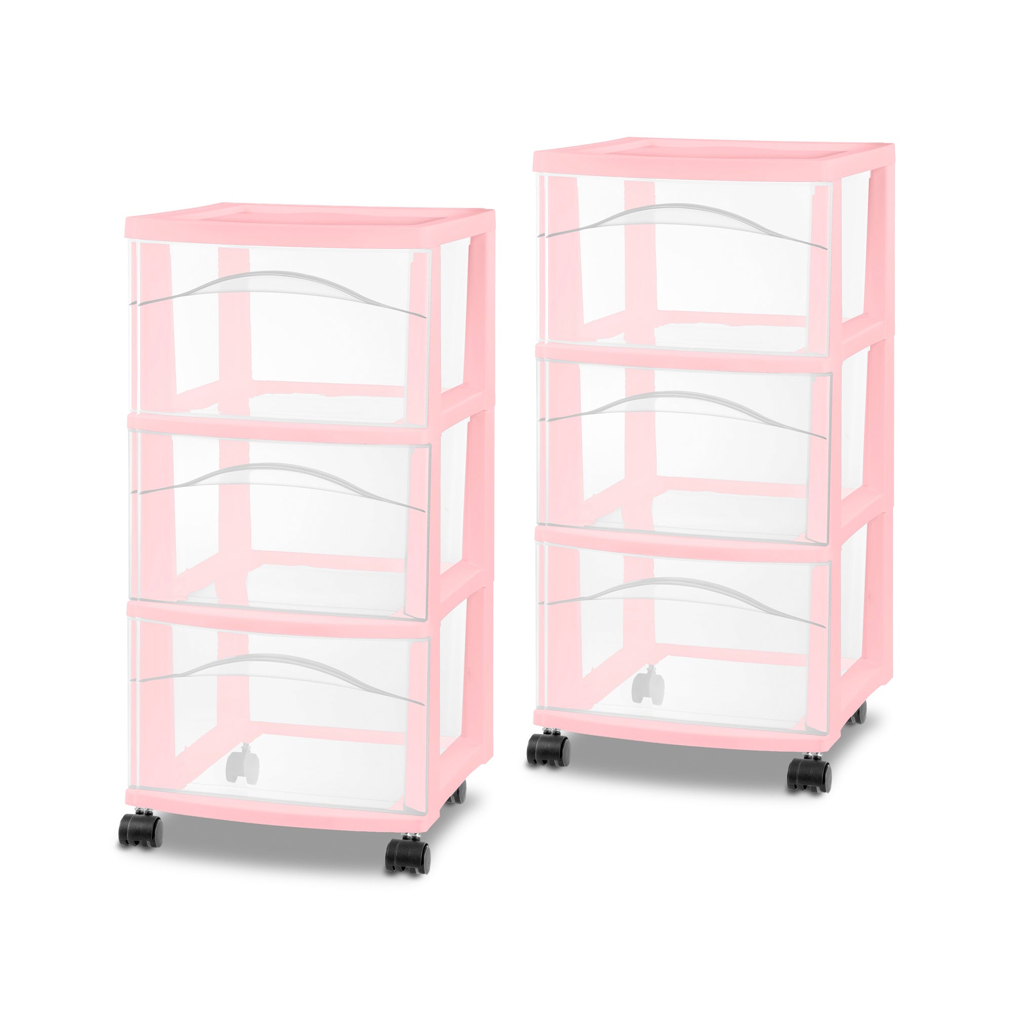 Sterilite 3 Drawer Storage Cart Plastic Rolling Organization, Pink Frost, 2 Pack