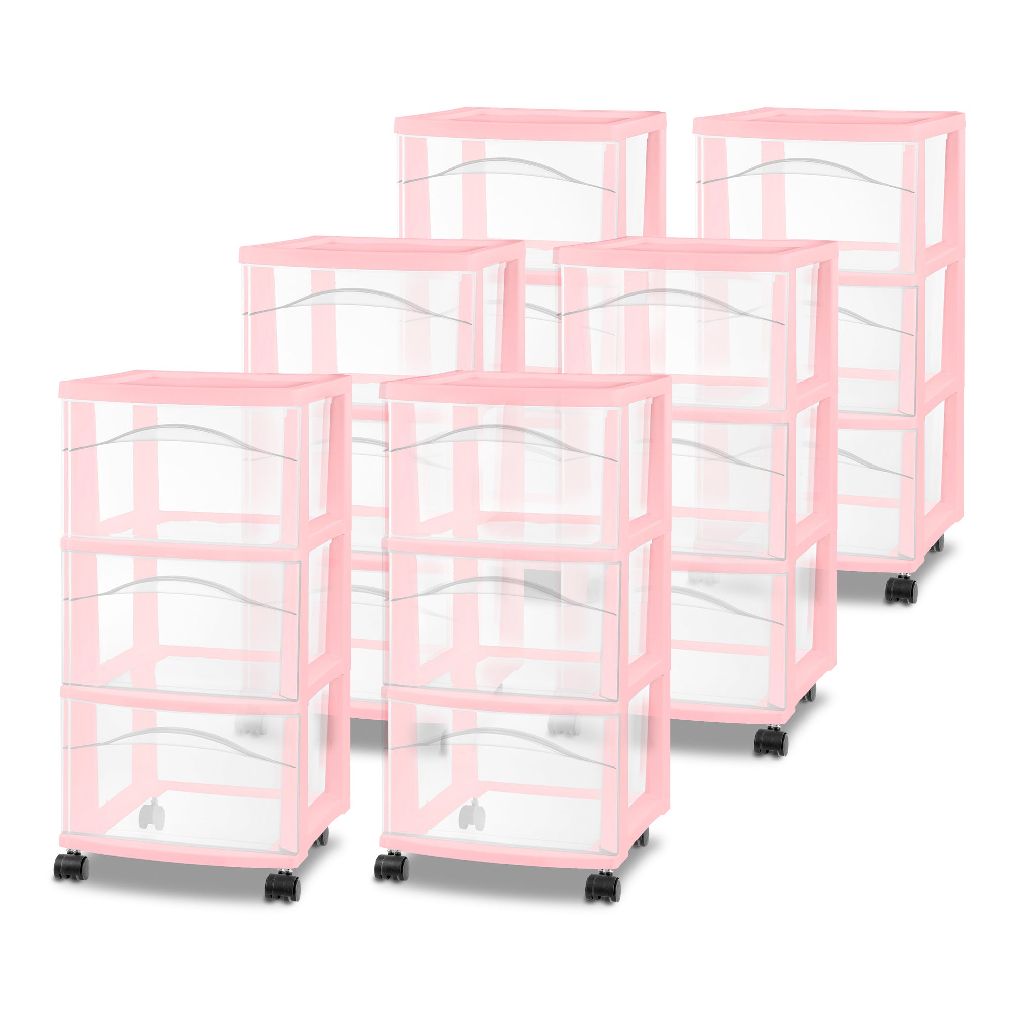 Sterilite 3 Drawer Storage Cart Plastic Rolling Organization, Pink Frost, 6 Pack