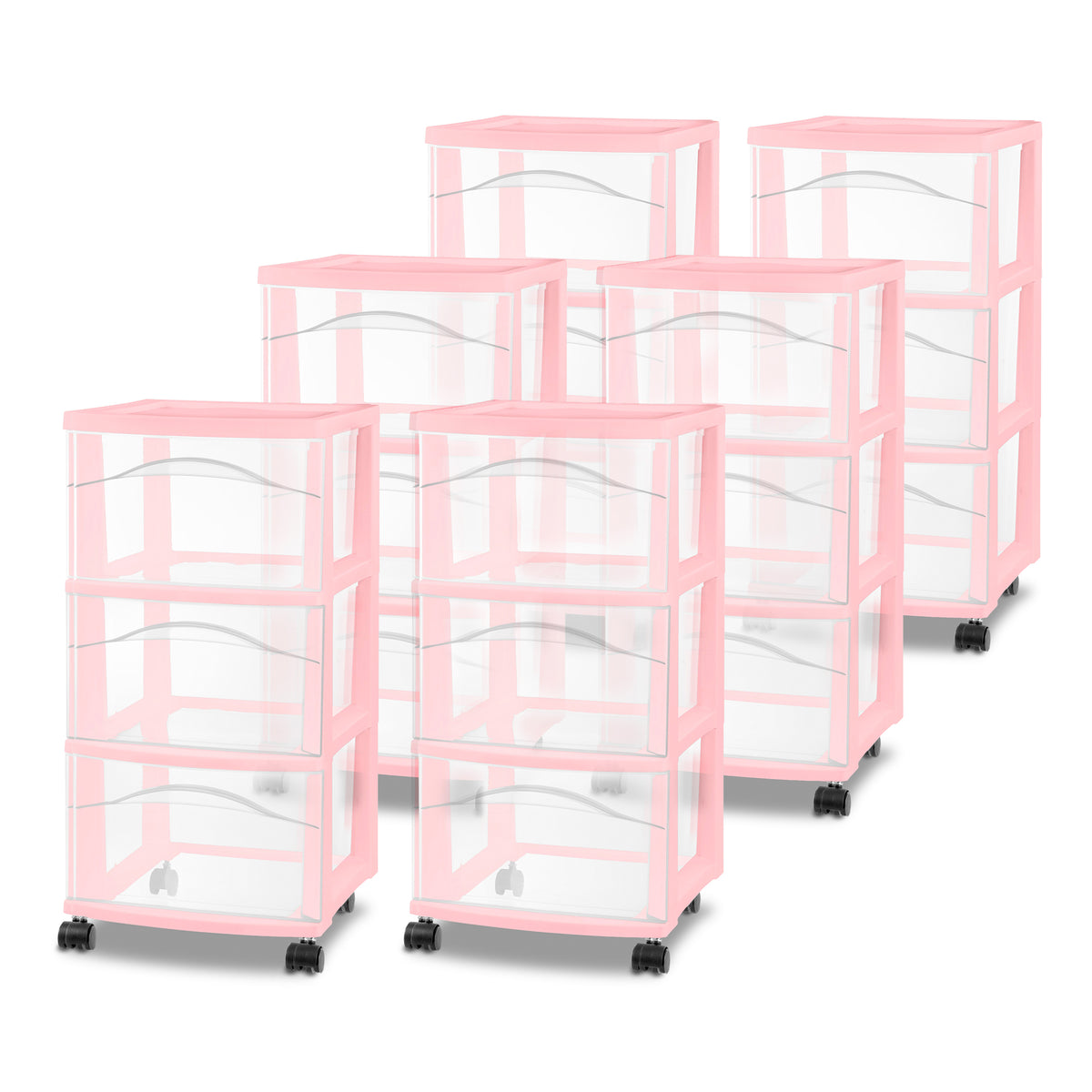 Sterilite 3 Drawer Storage Cart Plastic Rolling Organization, Pink Frost, 6 Pack