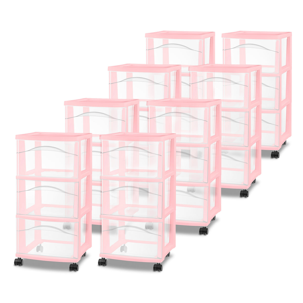 Sterilite 3 Drawer Storage Cart Plastic Rolling Organization, Pink Frost, 8 Pack