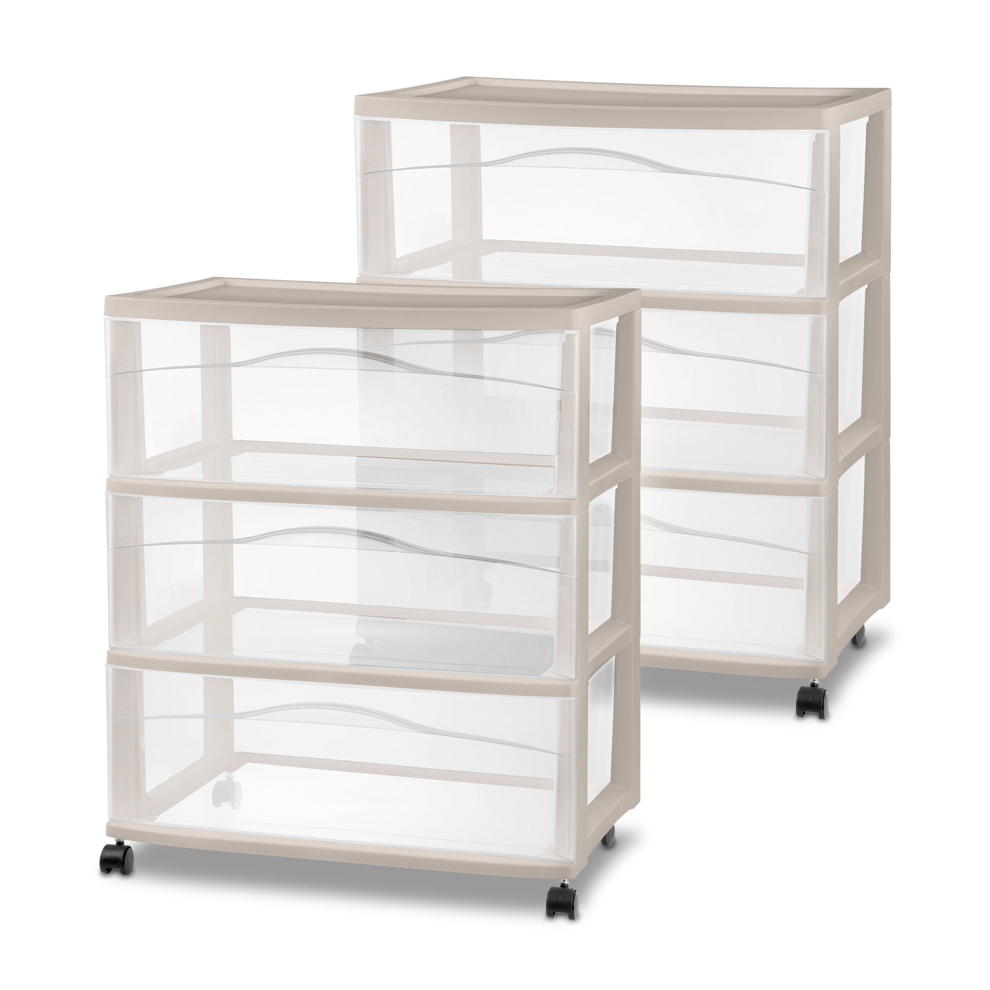 Sterilite Wide 3 Drawer Storage Cart, Plastic Rolling Organization, Grey, 2 Pack