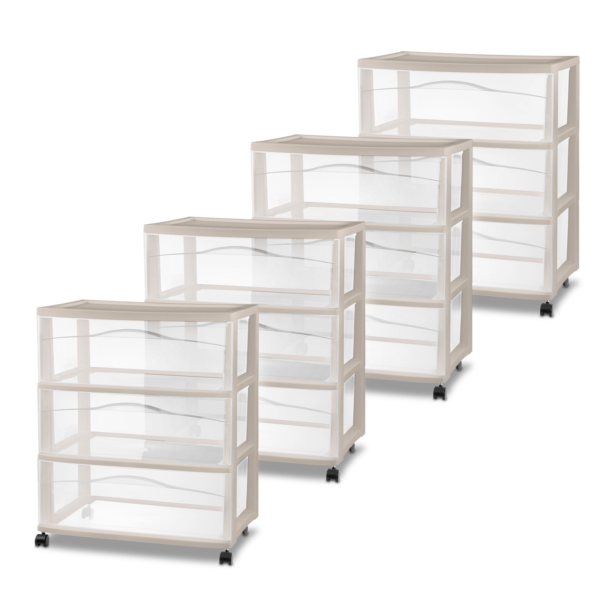 Sterilite Wide 3 Drawer Storage Cart, Plastic Rolling Organization, Grey, 4 Pack