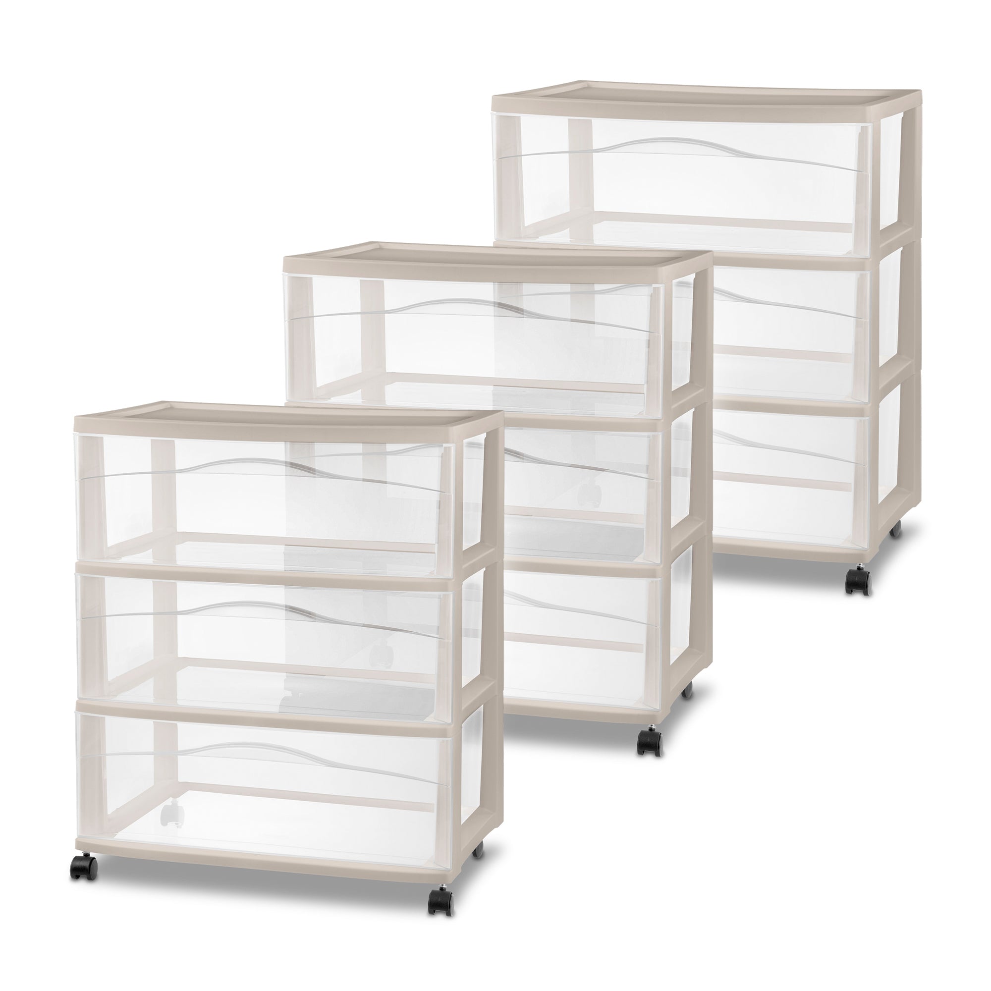 Sterilite Wide 3 Drawer Storage Cart, Plastic Rolling Organization, Grey, 3 Pack