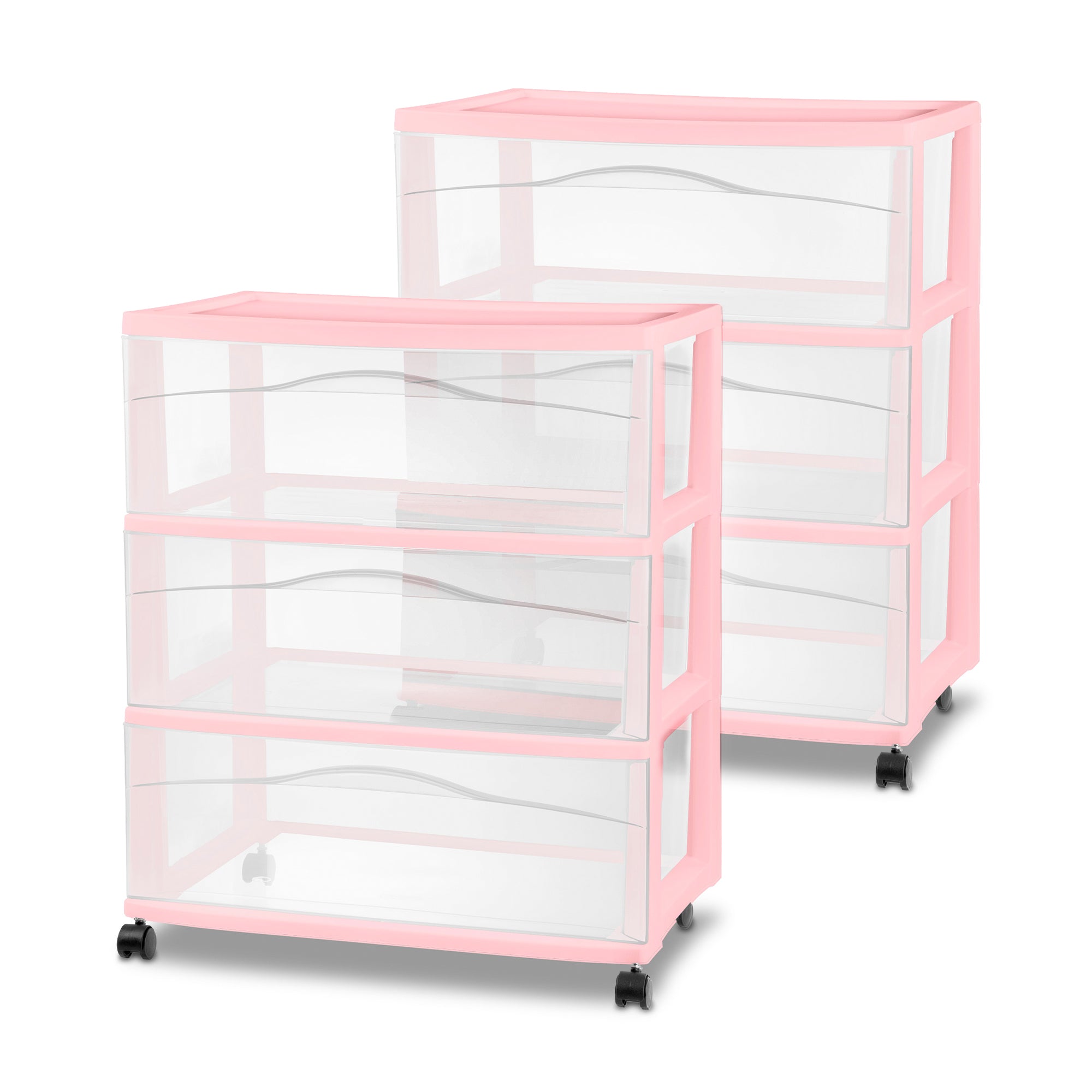 Sterilite Wide 3 Drawer Storage Cart, Plastic Rolling Organization, Pink, 2 Pack