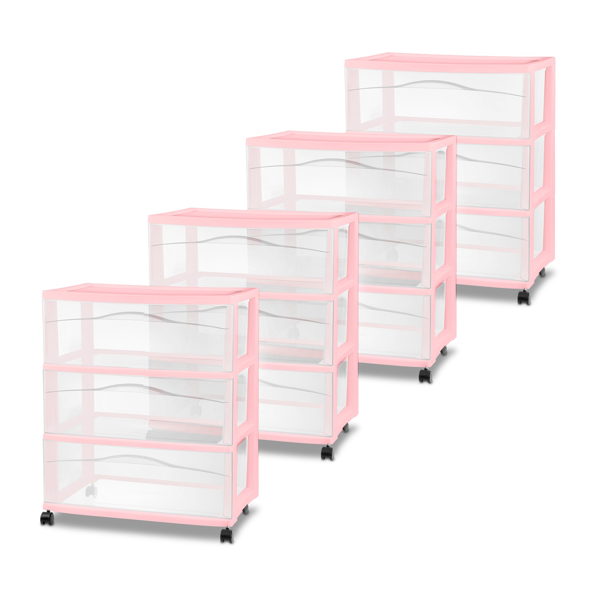 Sterilite Wide 3 Drawer Storage Cart, Plastic Rolling Organization, Pink, 4 Pack