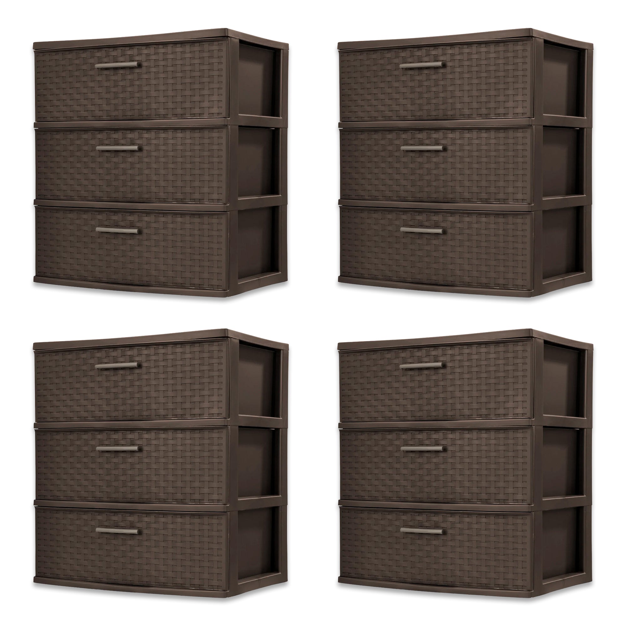 Sterilite 3 Drawer Wide Storage Tower, Weave Home Organizer, Espresso, 4 Pack