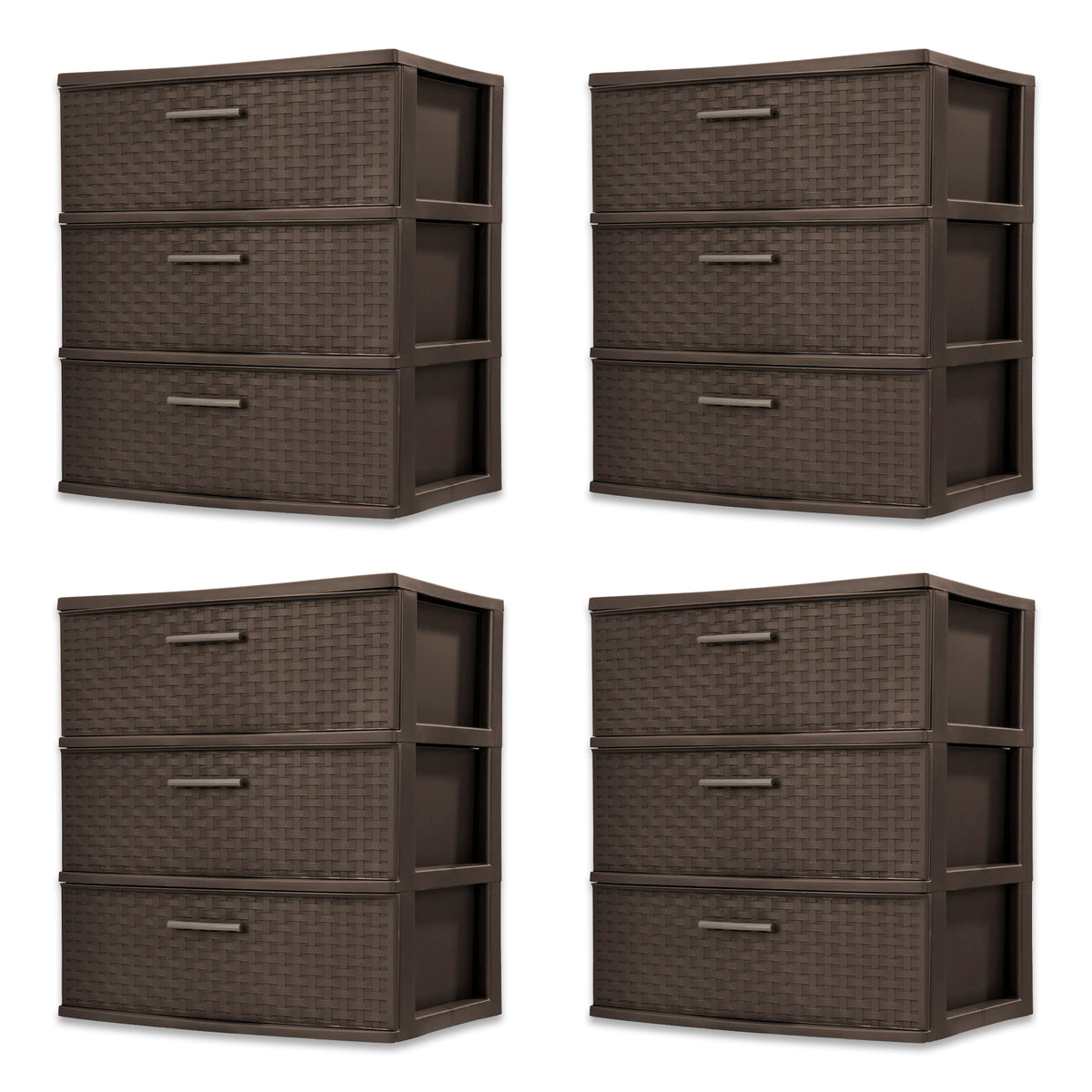 Sterilite 3 Drawer Wide Storage Tower, Weave Home Organizer, Espresso, 4 Pack