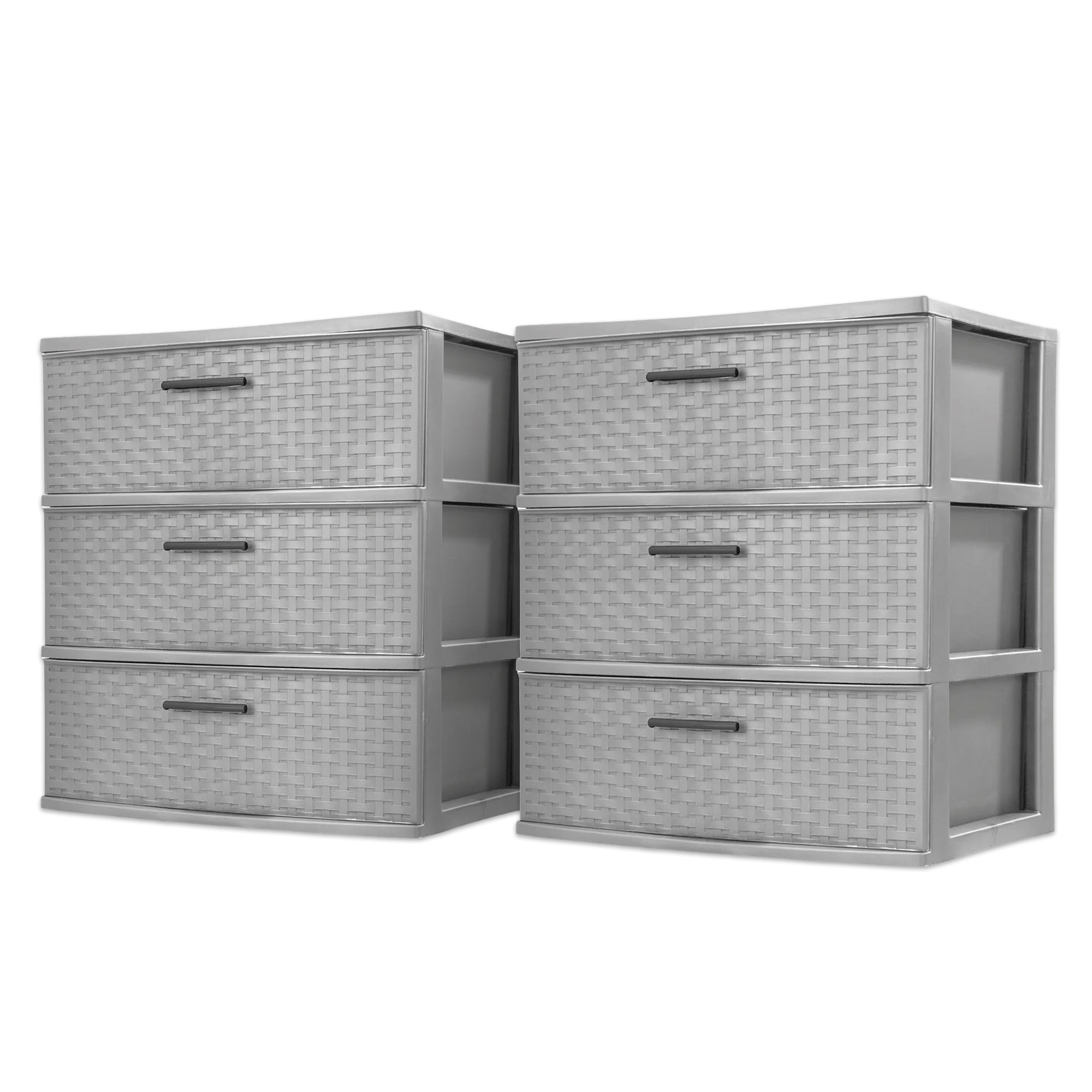 Sterilite 3 Drawer Wide Storage Tower, Plastic Weave Organizer, Cement, 2 Pack