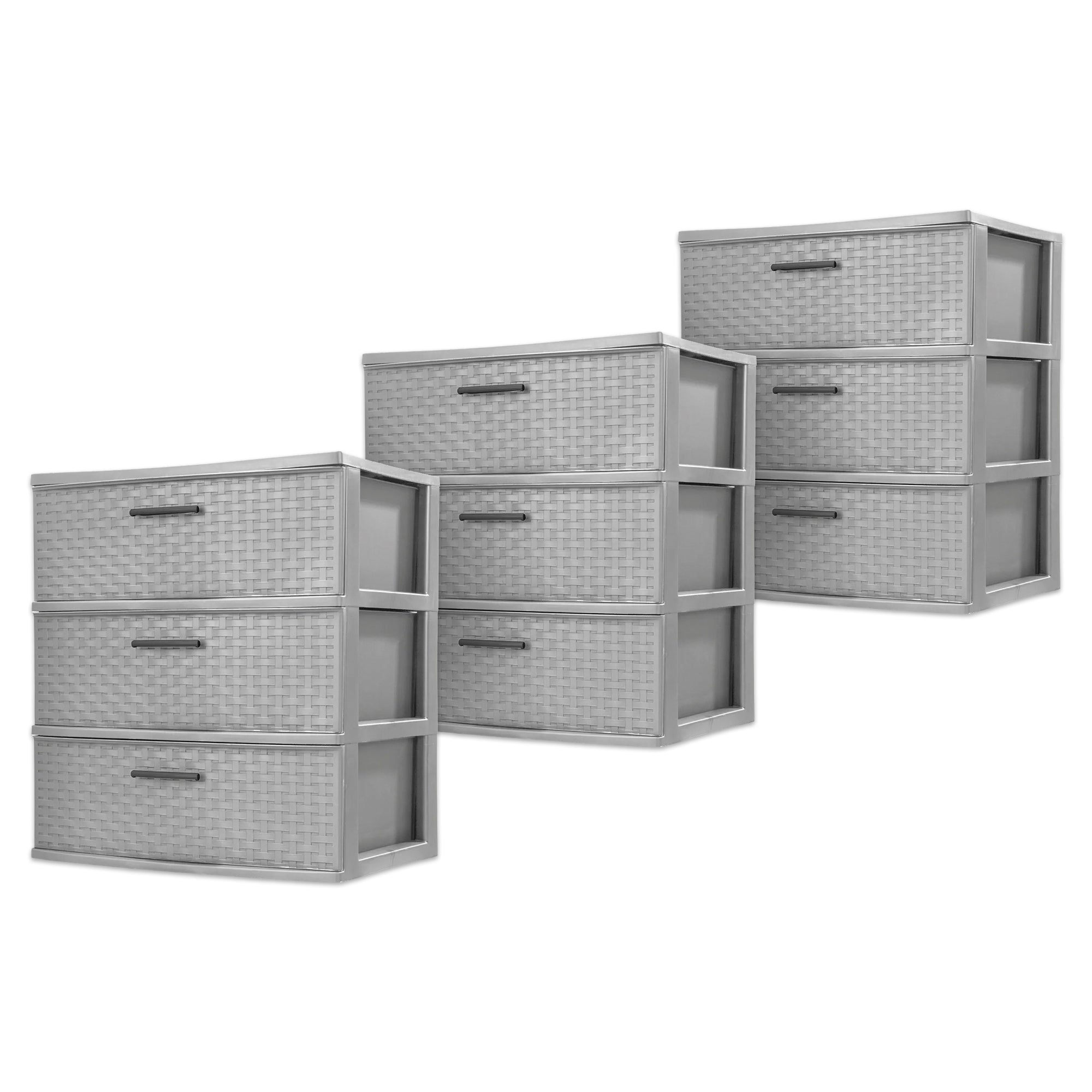 Sterilite 3 Drawer Wide Storage Tower, Plastic Weave Organizer, Cement, 3 Pack