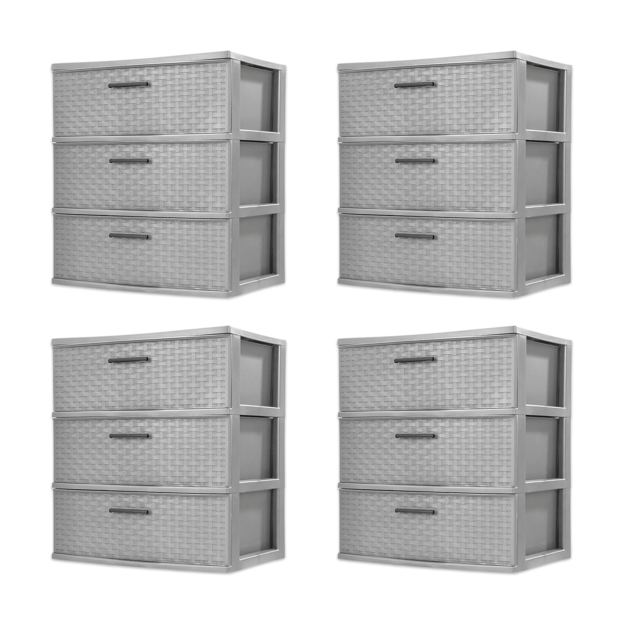 Sterilite 3 Drawer Wide Storage Tower, Plastic Weave Organizer, Cement, 4 Pack