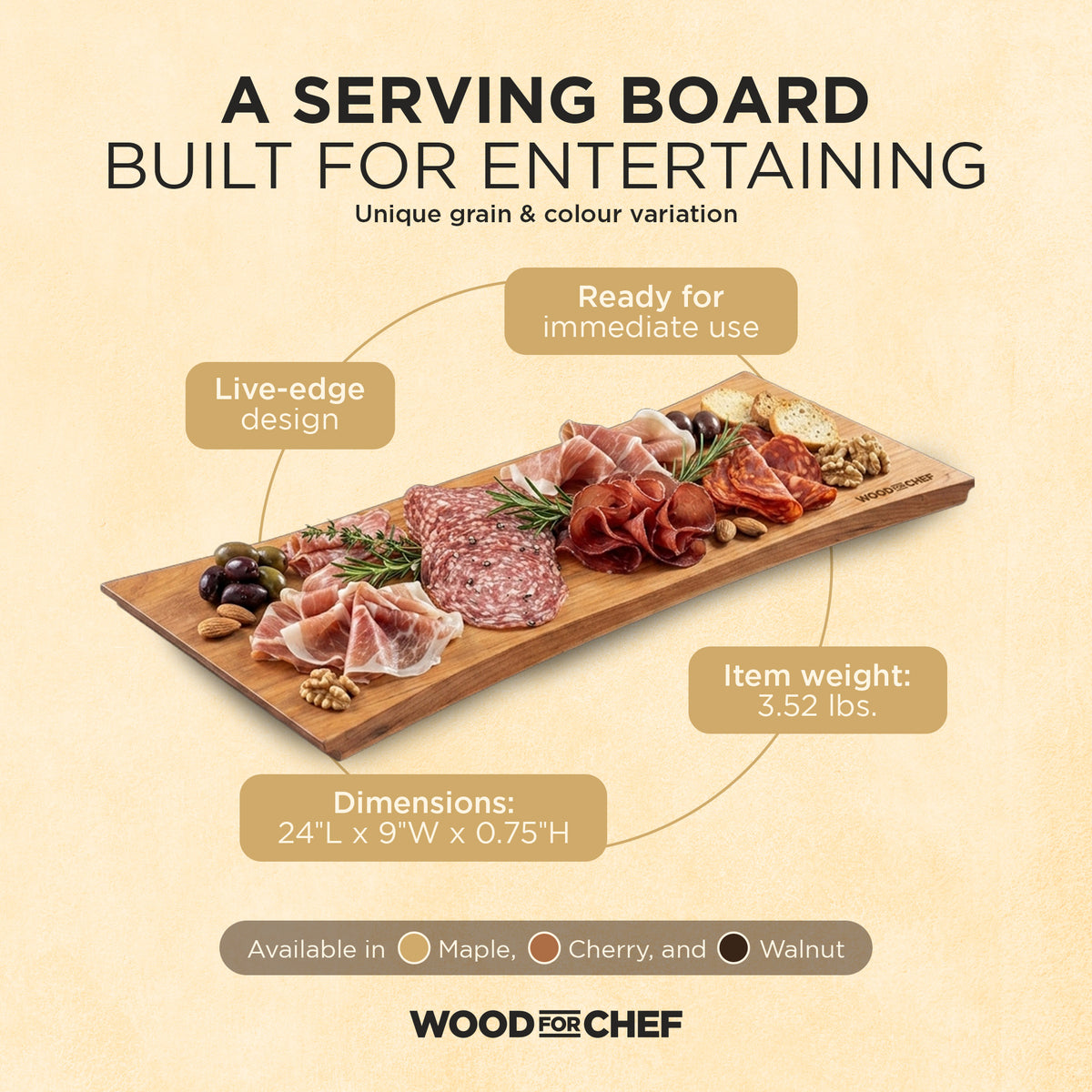WoodForChef Cherry Live Edge Hardwood Charcuterie Board, 24 x 9 Inches