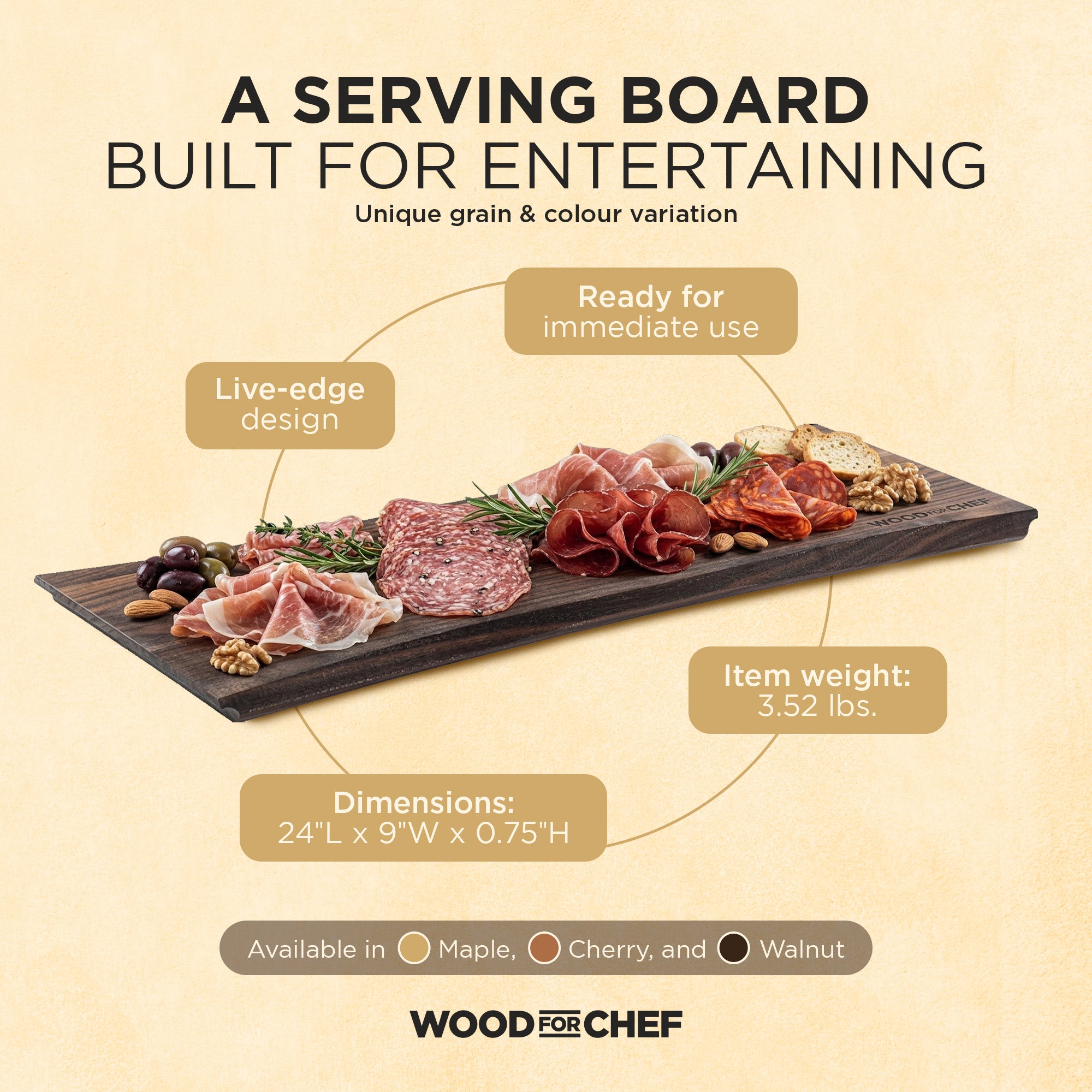 WoodForChef Walnut Live Edge Hardwood Charcuterie Board, 24 x 9 Inches
