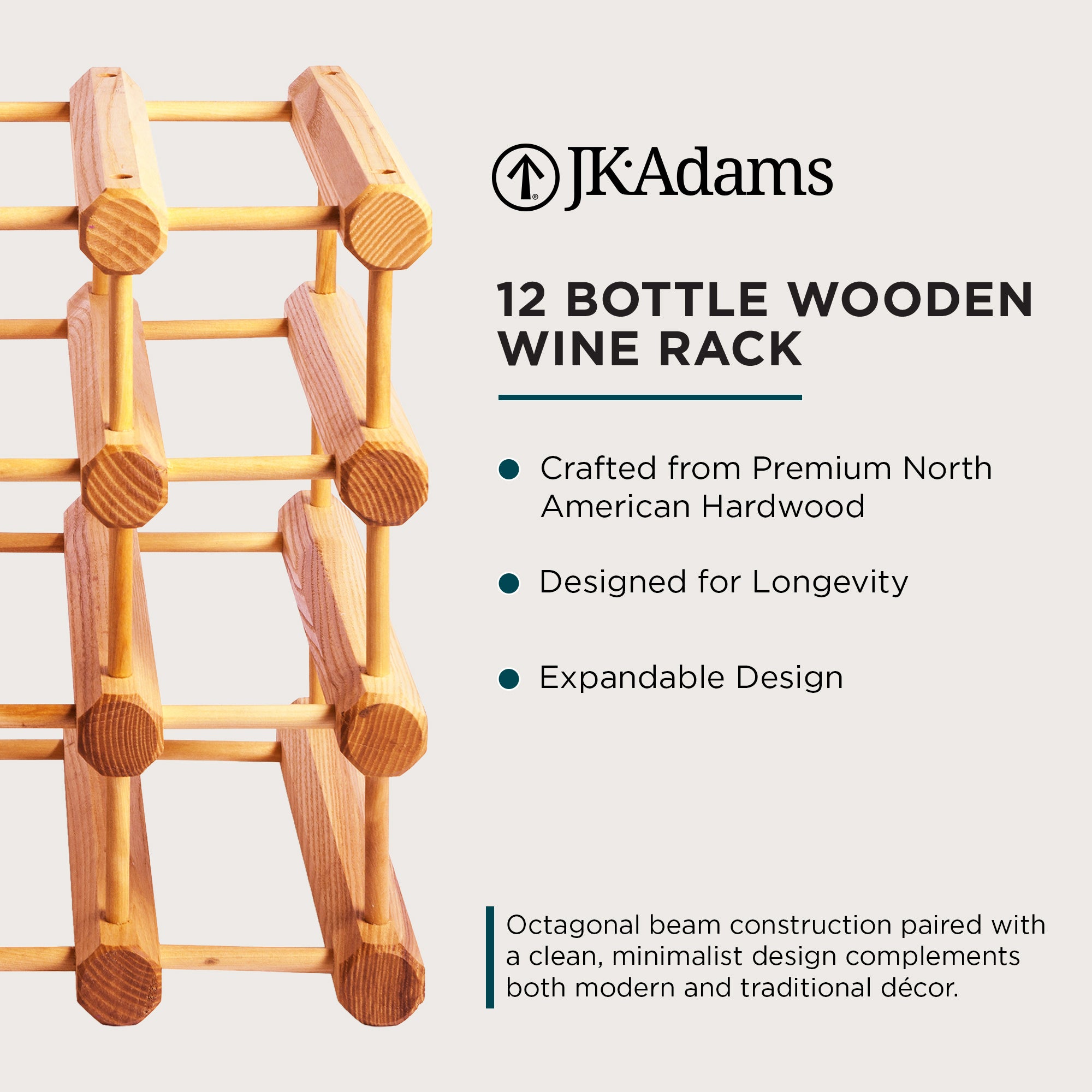 J.K. Adams Ash Wood Modular Wine Rack, Stackable Storage Holder, 12 Bottles - VMInnovations