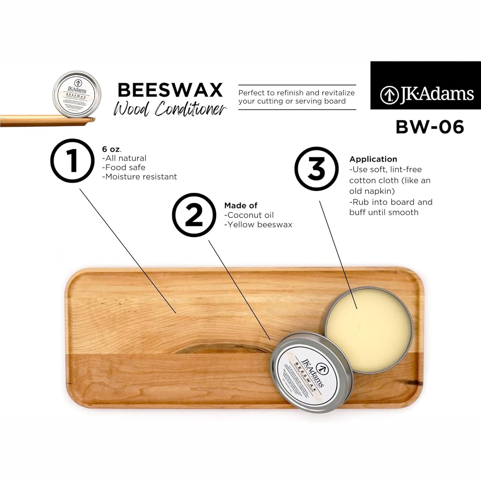 J.K. Adams Bees Wax Conditioner for Wooden Cutting Boards, Salad Bowls and Tools - VMInnovations