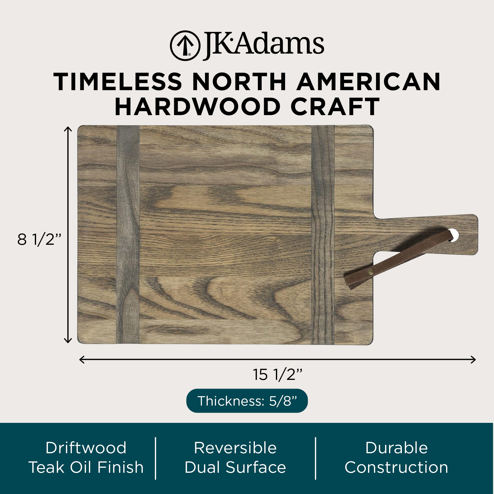 J.K. Adams Ash Artisan Plank, Wooden Serving Board Tray w/ Handle, 15.5" x 8.5" - VMInnovations