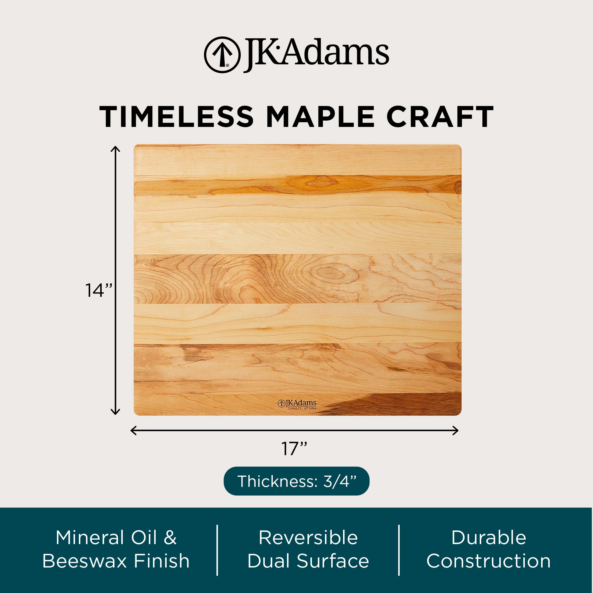 J.K. Adams 17" x 14" Wooden Kitchen Cutting Board, Rectangular Chopping Block - VMInnovations
