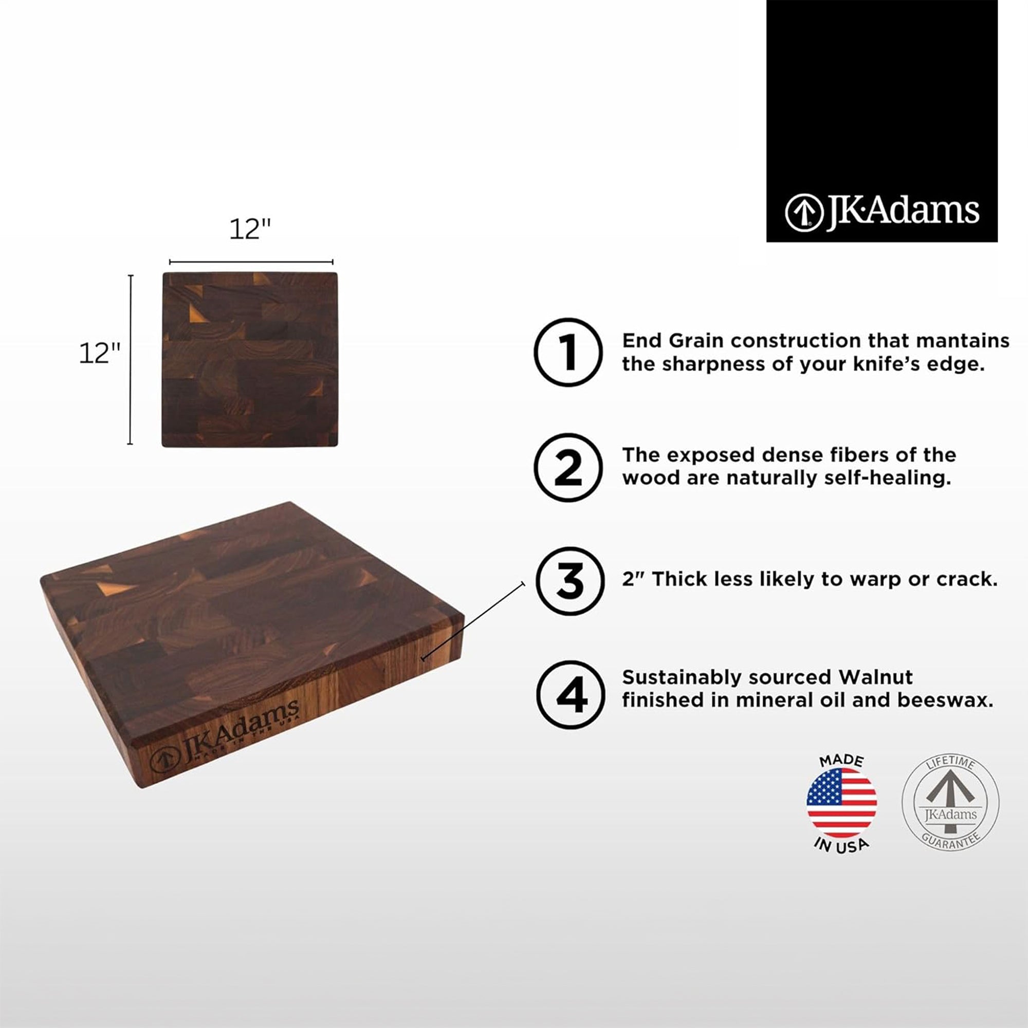 J.K. Adams Professional Series End Grain Cutting Board, Walnut, 12" x 12" x 2" - VMInnovations