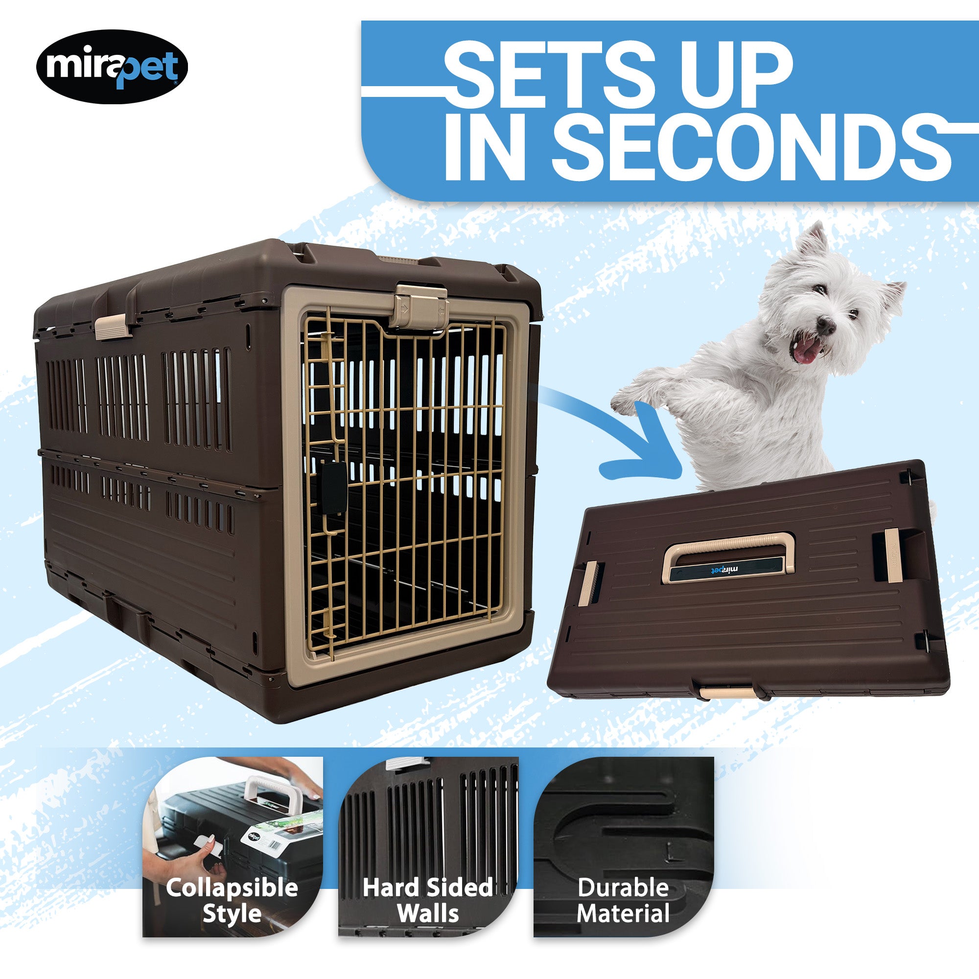 Mirapet Pet Carrier, Collapsible Crate for Large Dogs or Cats, 35", Brown/Beige - VMInnovations