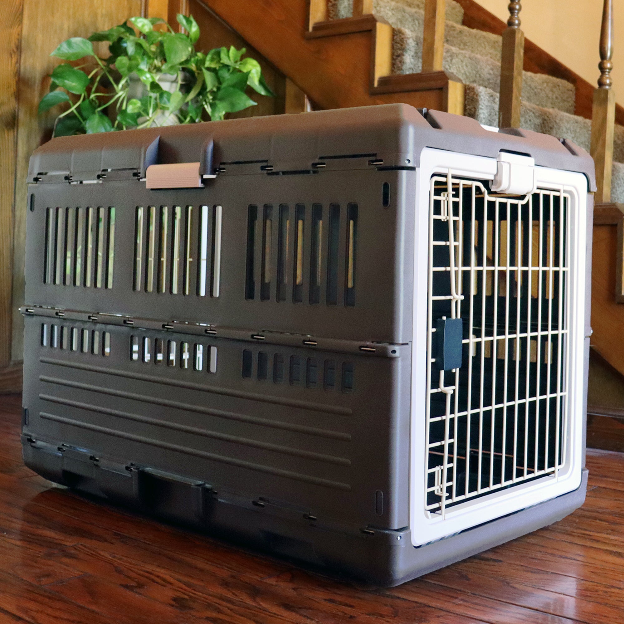 Mirapet Pet Carrier, Collapsible Crate for Large Dogs or Cats, 35", Brown/Beige