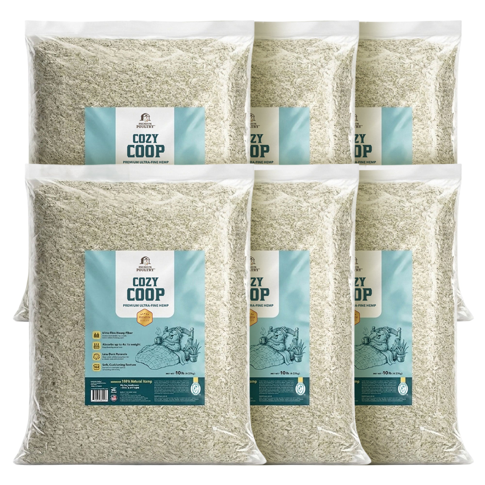 Premium Poultry 6 Pack 10 Pound Bag Hemp Cozy Coop Siftable Chicken Bedding