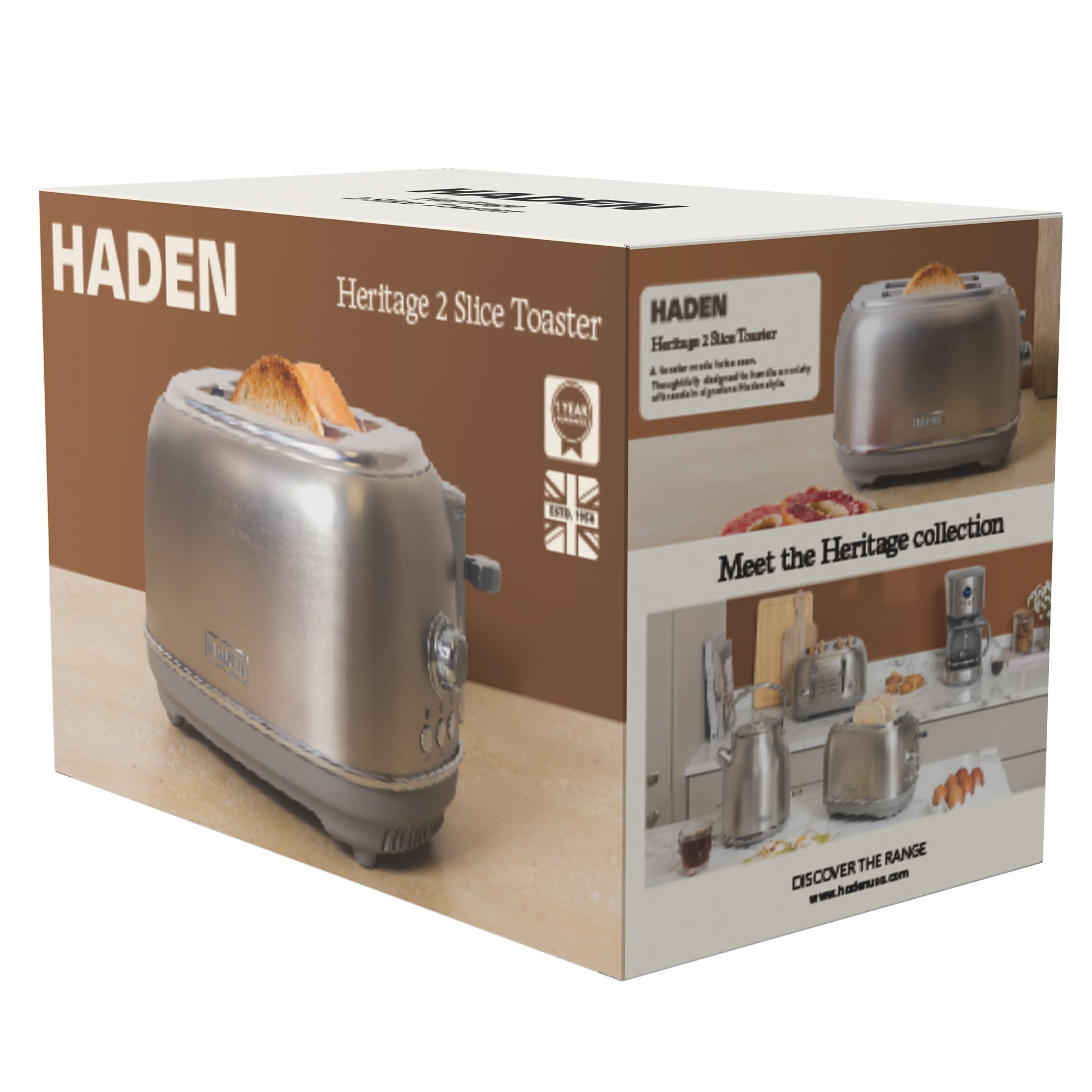 Haden Heritage 2-Slice Wide-Slot Toaster w/ Crumb Tray, Stainless Steel/Chrome - VMInnovations