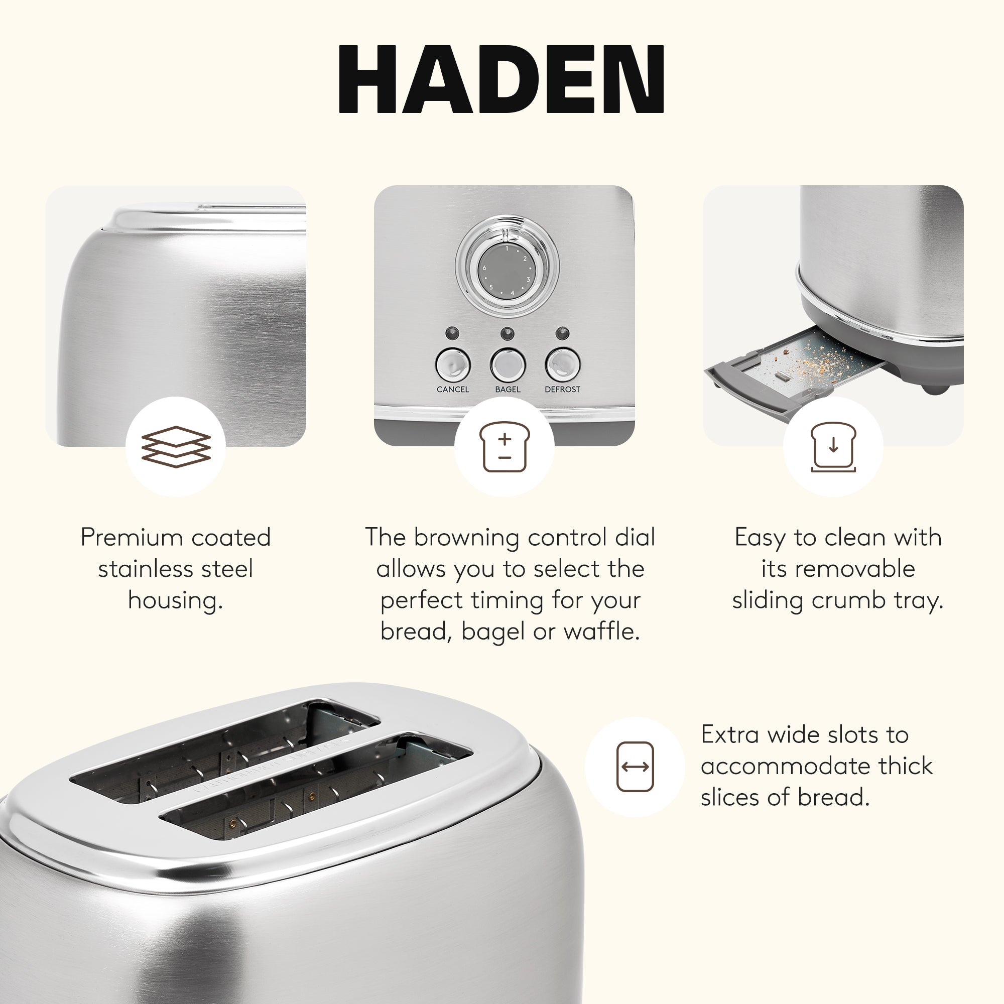 Haden Heritage 2-Slice Wide-Slot Toaster w/ Crumb Tray, Stainless Steel/Chrome - VMInnovations