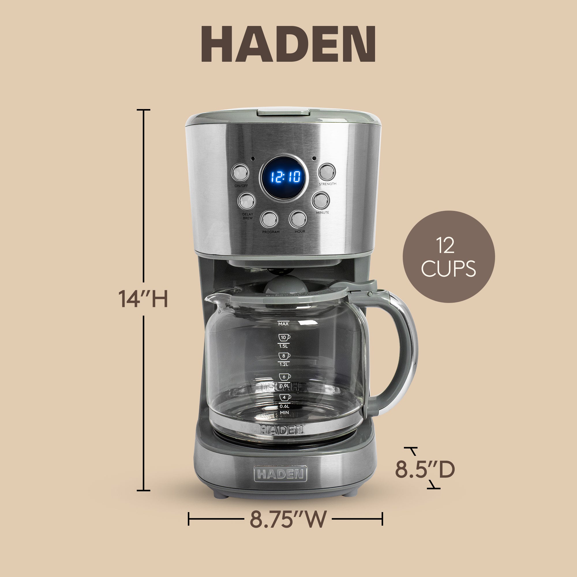 Haden 12 Cup Programmable Drip Coffee Maker with Timer, Stainless Steel/Chrome - VMInnovations