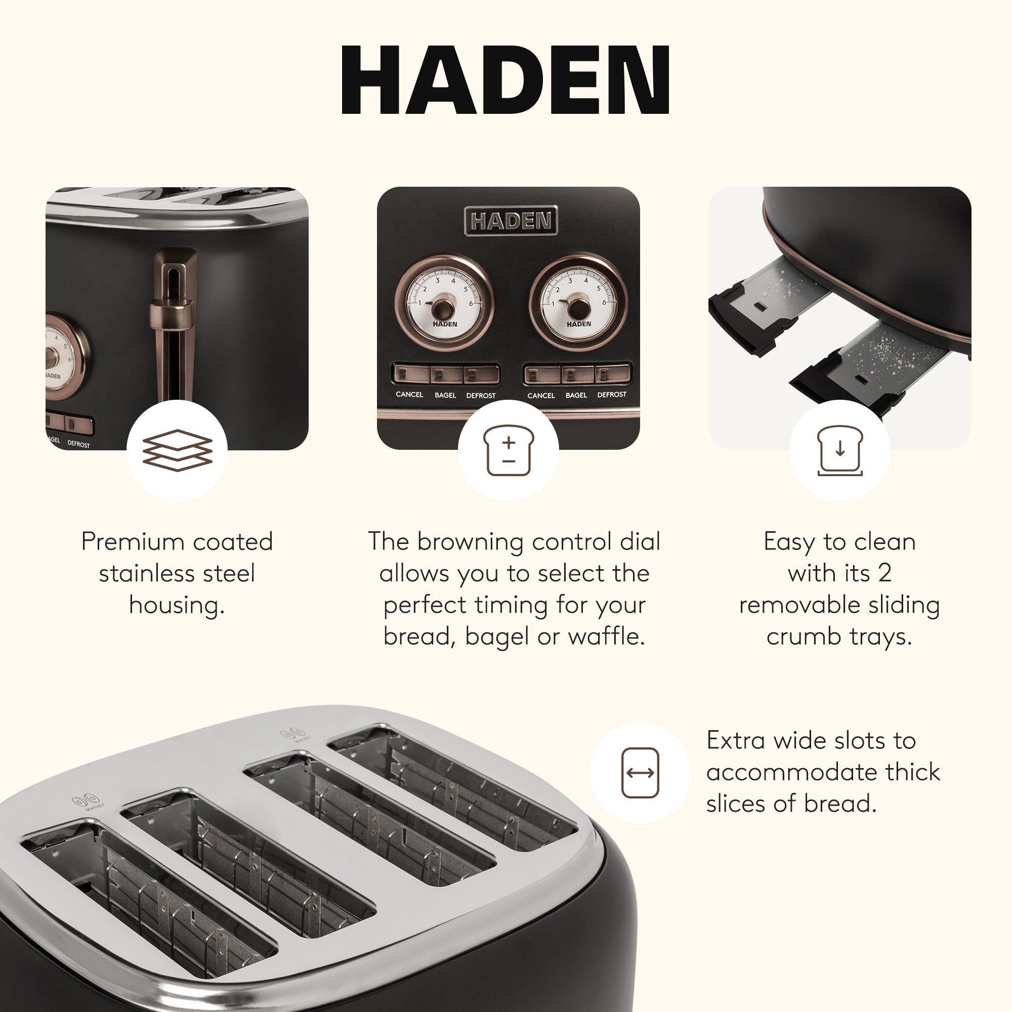 Haden Dorset 4-Slice Wide-Slot Stainless Steel Bread Toaster, Black and Pewter - VMInnovations