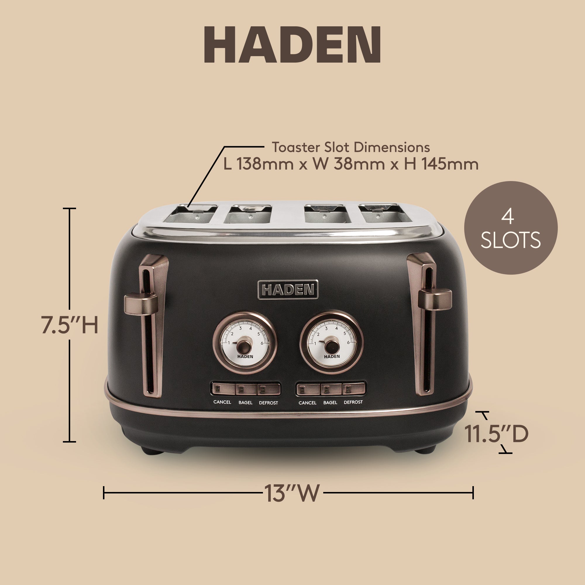 Haden Dorset 4-Slice Wide-Slot Stainless Steel Bread Toaster, Black and Pewter - VMInnovations