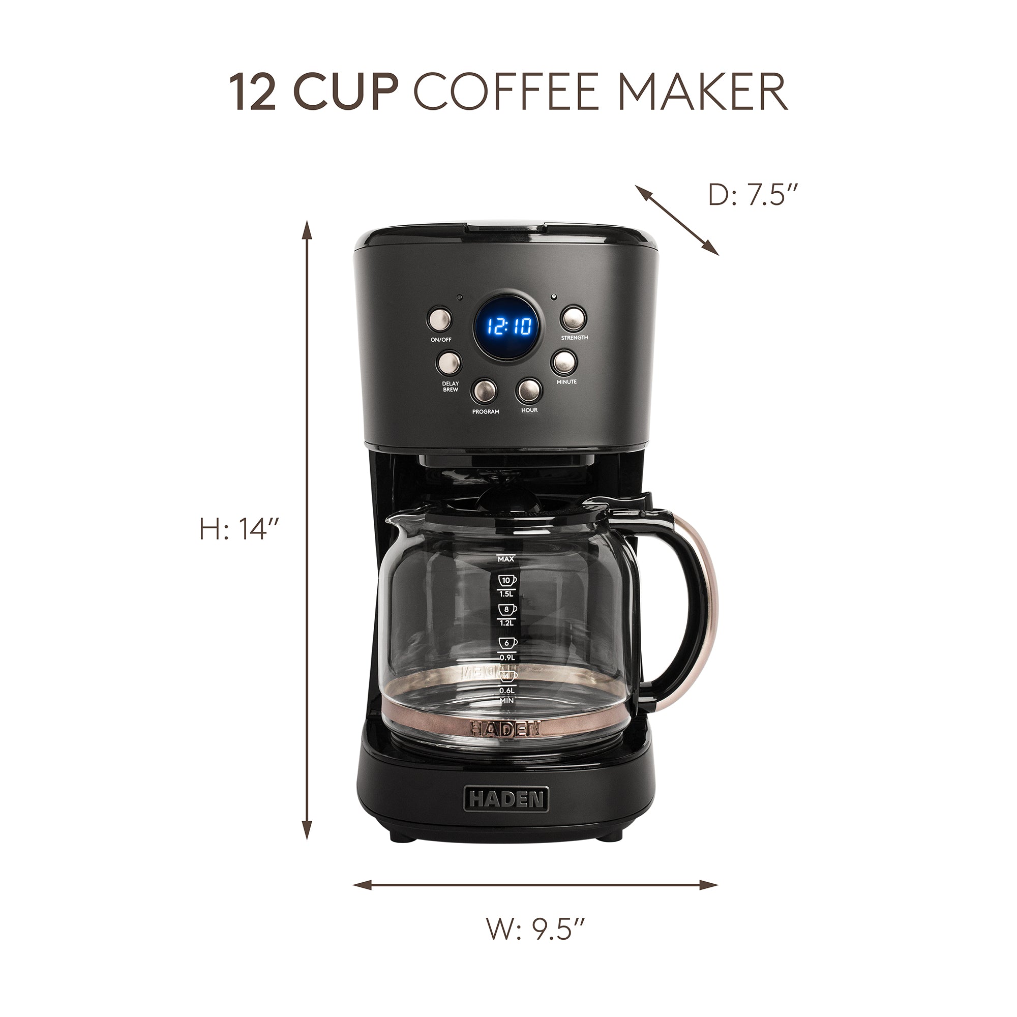 Haden 12 Cup Programmable Drip Coffee Maker with Strength Control, Black/Pewter