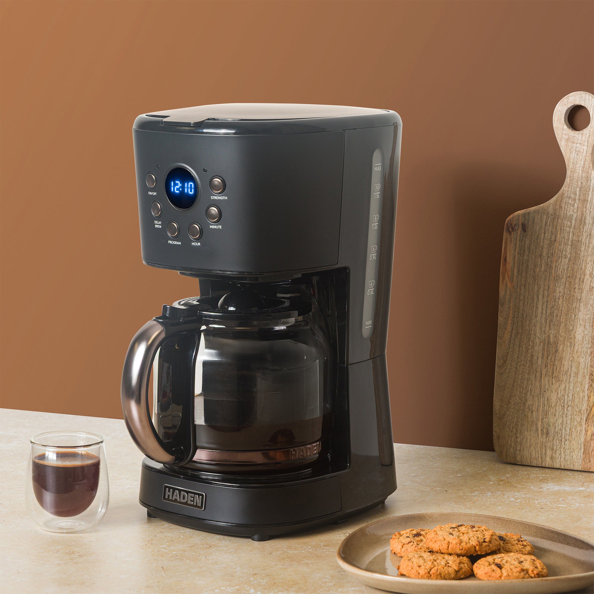 Haden 12 Cup Programmable Drip Coffee Maker with Strength Control, Black/Pewter