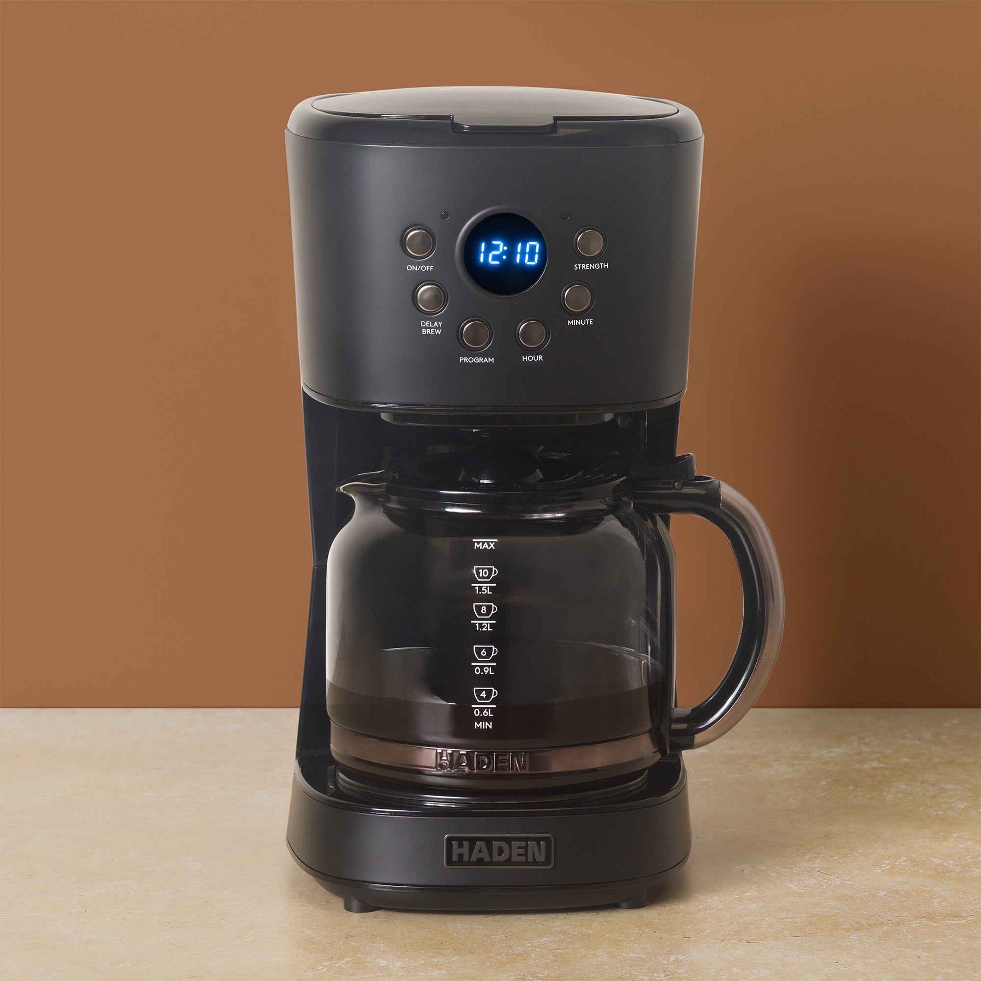 Haden 12 Cup Programmable Drip Coffee Maker with Strength Control, Black/Pewter