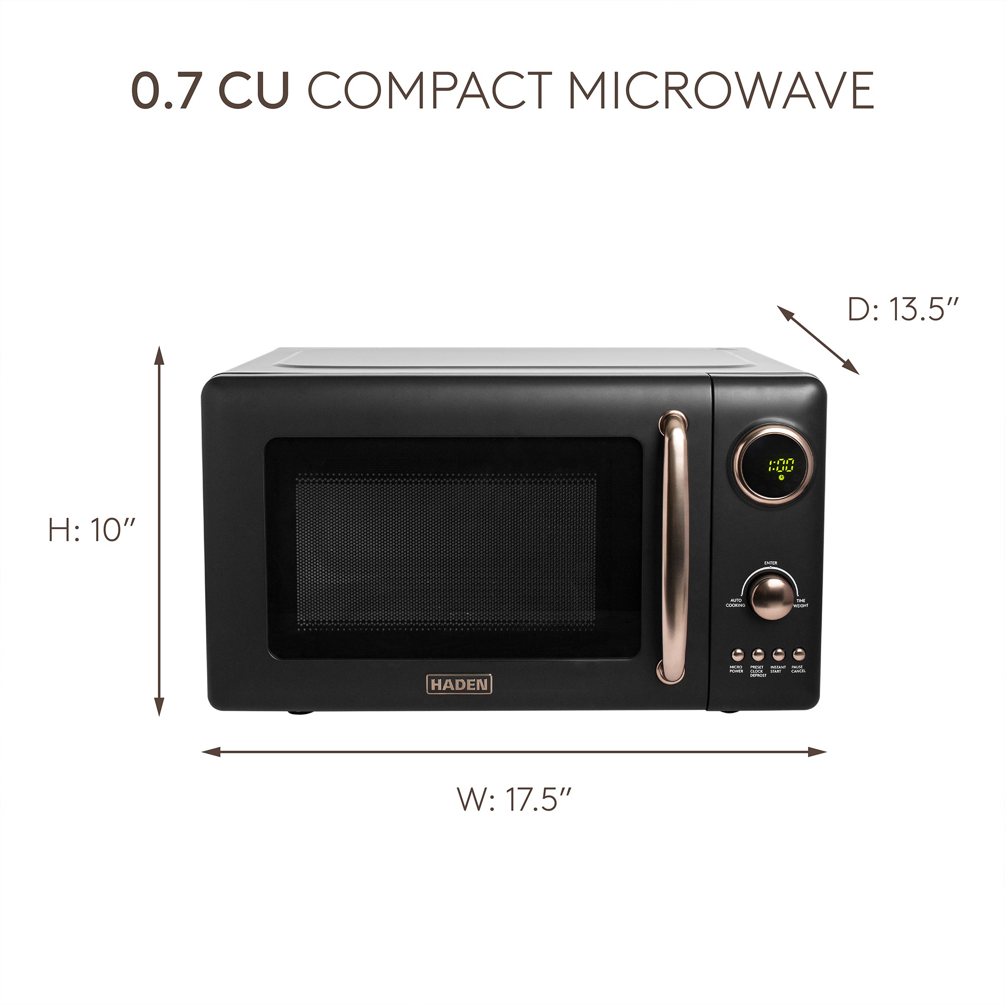Haden 0.7 Cubic Foot Compact Countertop Microwave Oven, 700 Watts, Black/Pewter