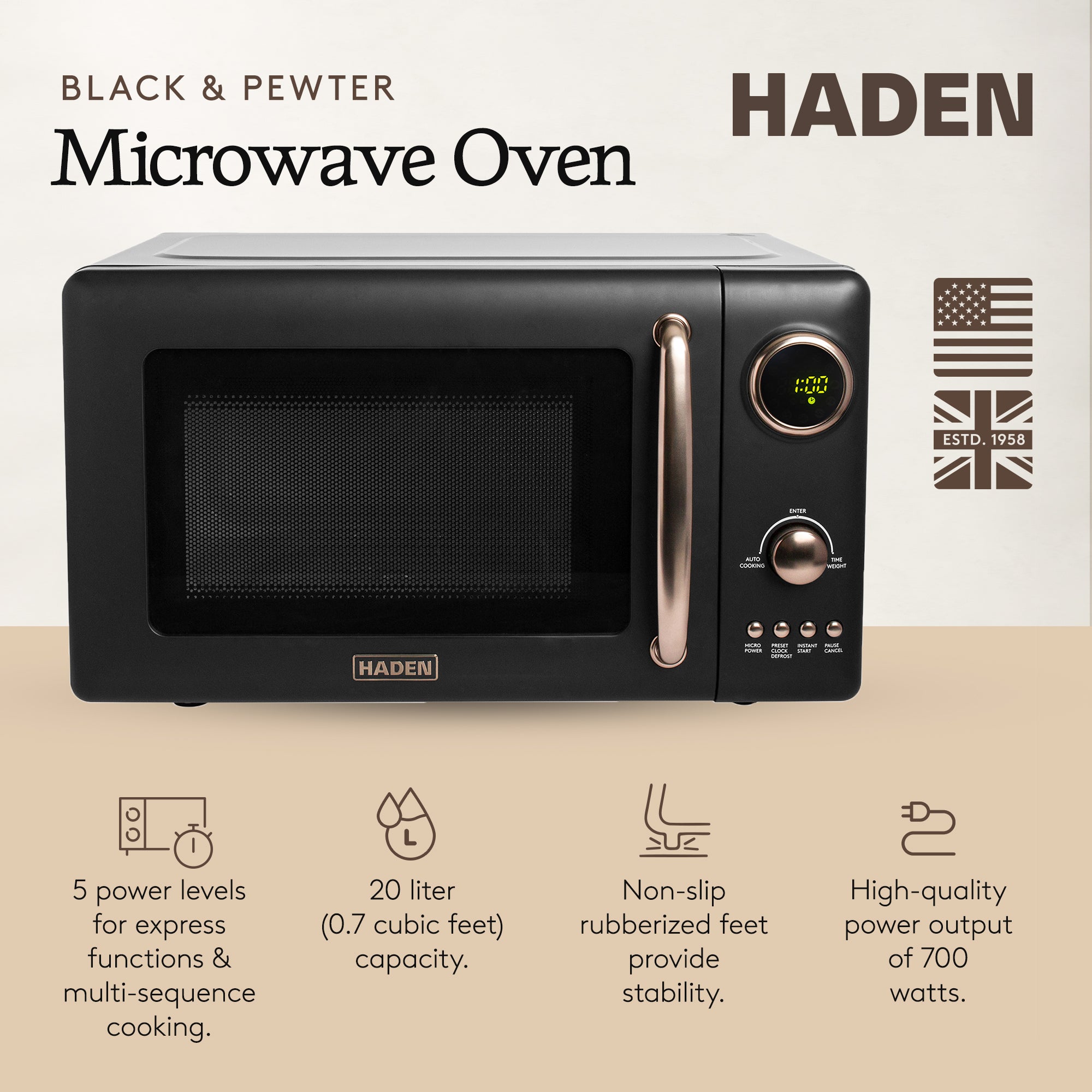 Haden 0.7 Cubic Foot Compact Countertop Microwave Oven, 700 Watts, Black/Pewter - VMInnovations