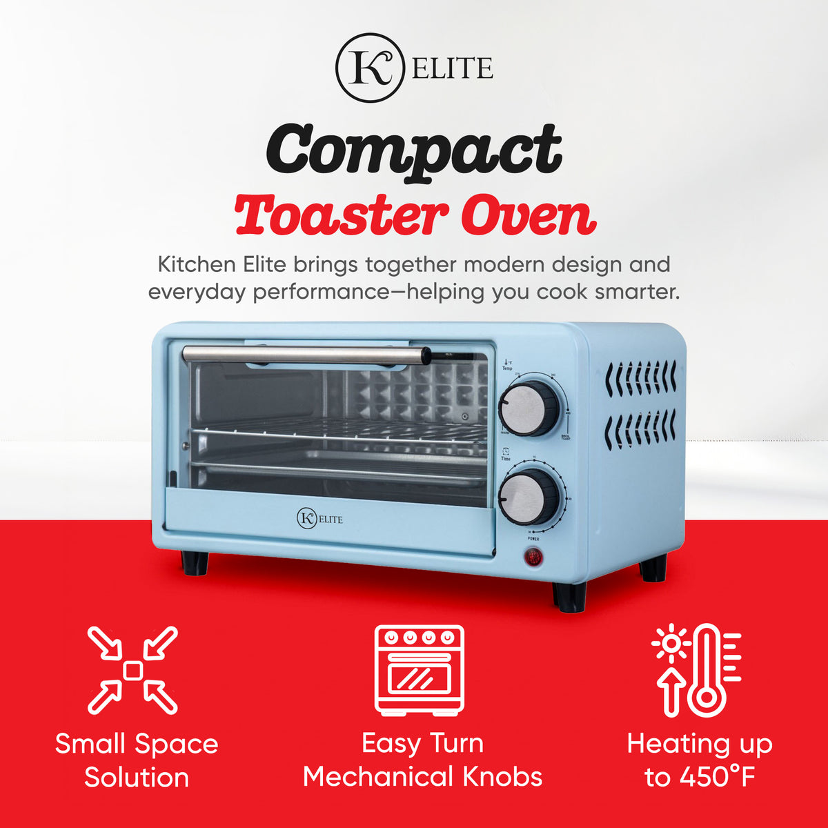 Kitchen Elite Compact Countertop Toaster Oven w Stainless Steel Tray (Open Box)