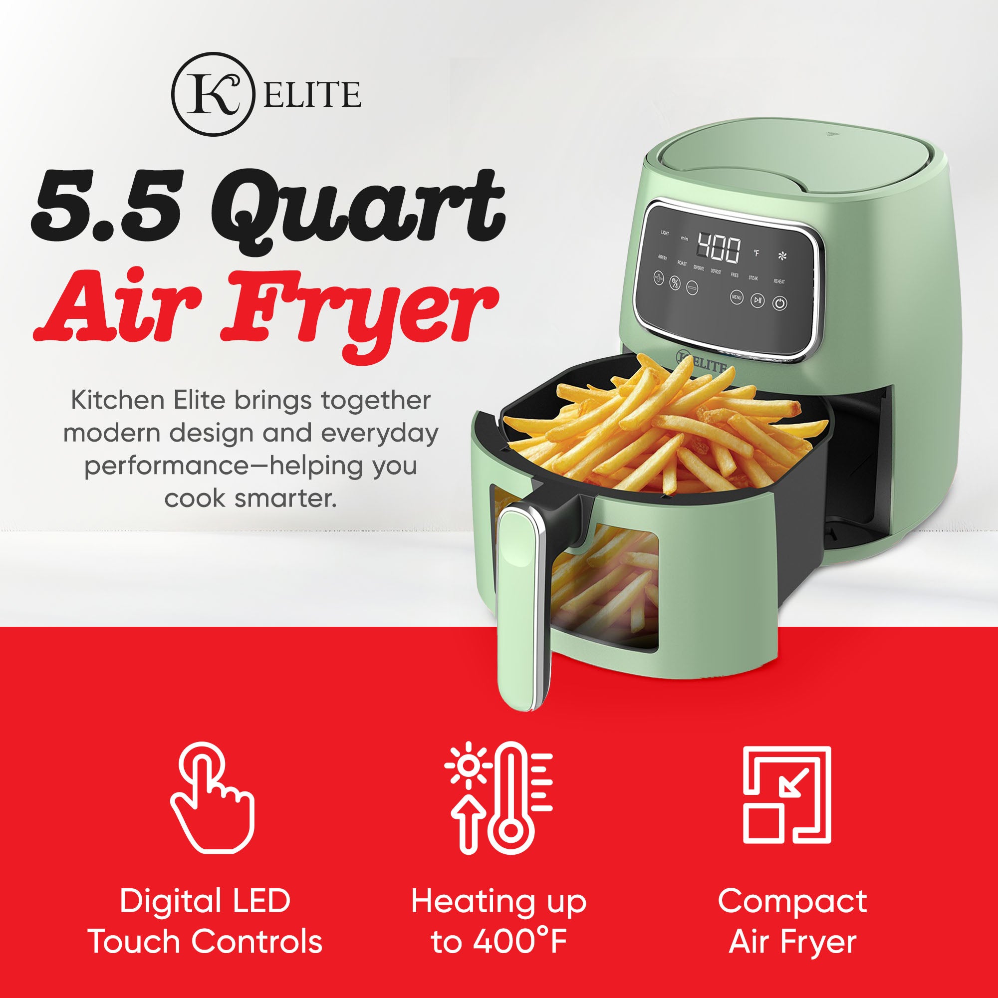 Kitchen Elite 5.5 Qt Digital Air Fryer, Countertop Cooker with LED Screen, Green - VMInnovations