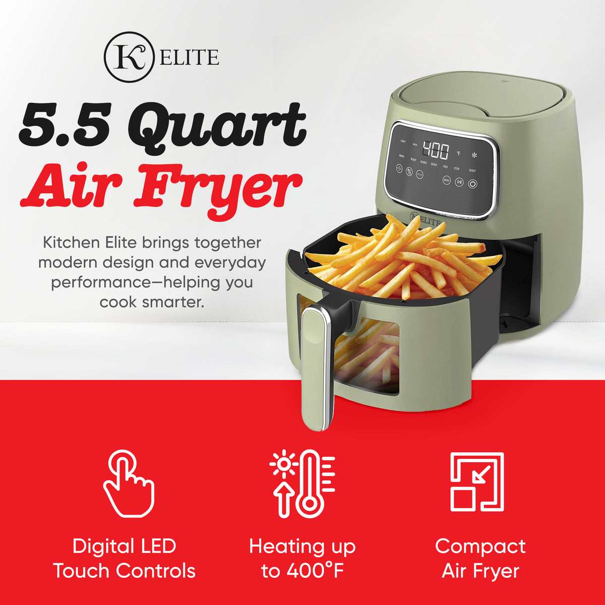 Kitchen Elite 5.5 Qt Digital Air Fryer, Countertop Cooker with LED Screen, Green