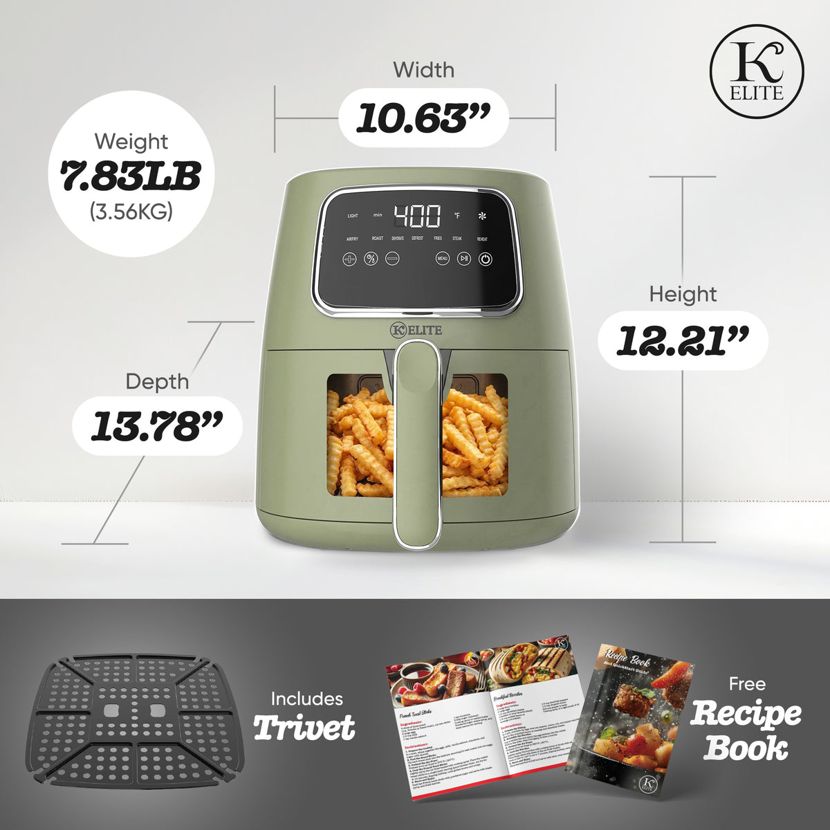 Kitchen Elite 5.5 Qt Digital Air Fryer, Countertop Cooker with LED Screen, Green