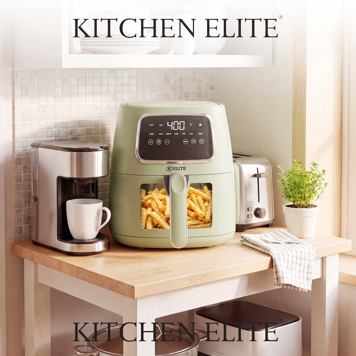 Kitchen Elite 5.5 Qt Digital Air Fryer, Countertop Cooker with LED Screen, Green