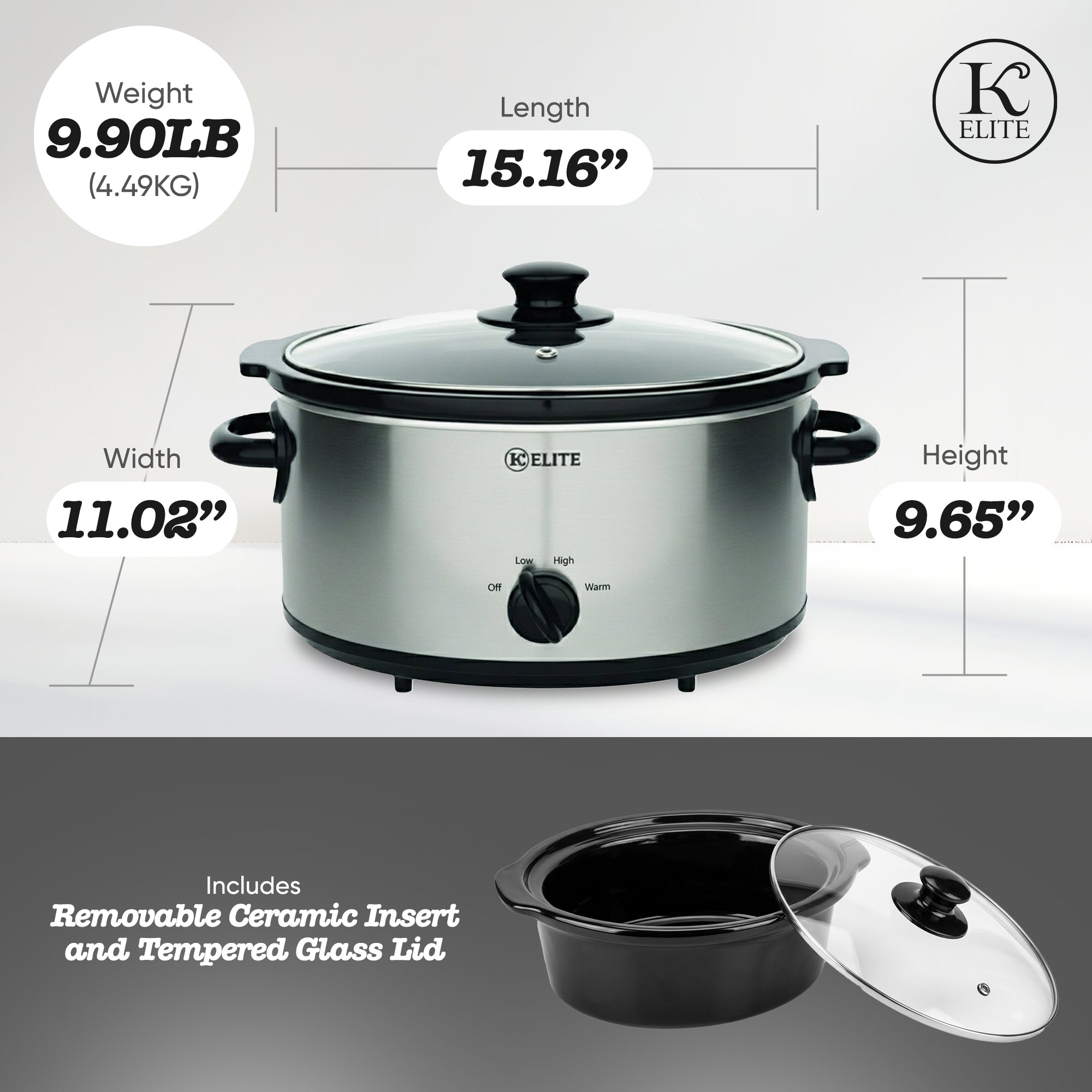 Kitchen Elite 5 Qt Slow Cooker, Stainless Steel Ceramic Crock Pot with Glass Lid - VMInnovations
