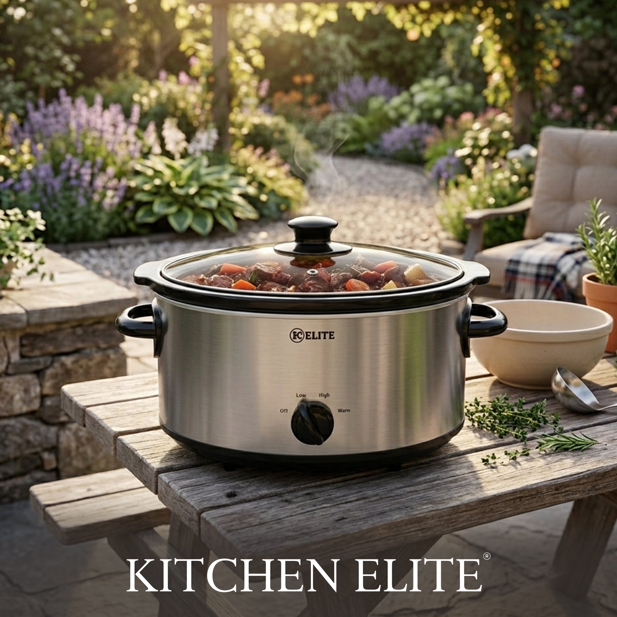 Kitchen Elite 5 Qt Slow Cooker, Stainless Steel Ceramic Crock Pot with Glass Lid - VMInnovations