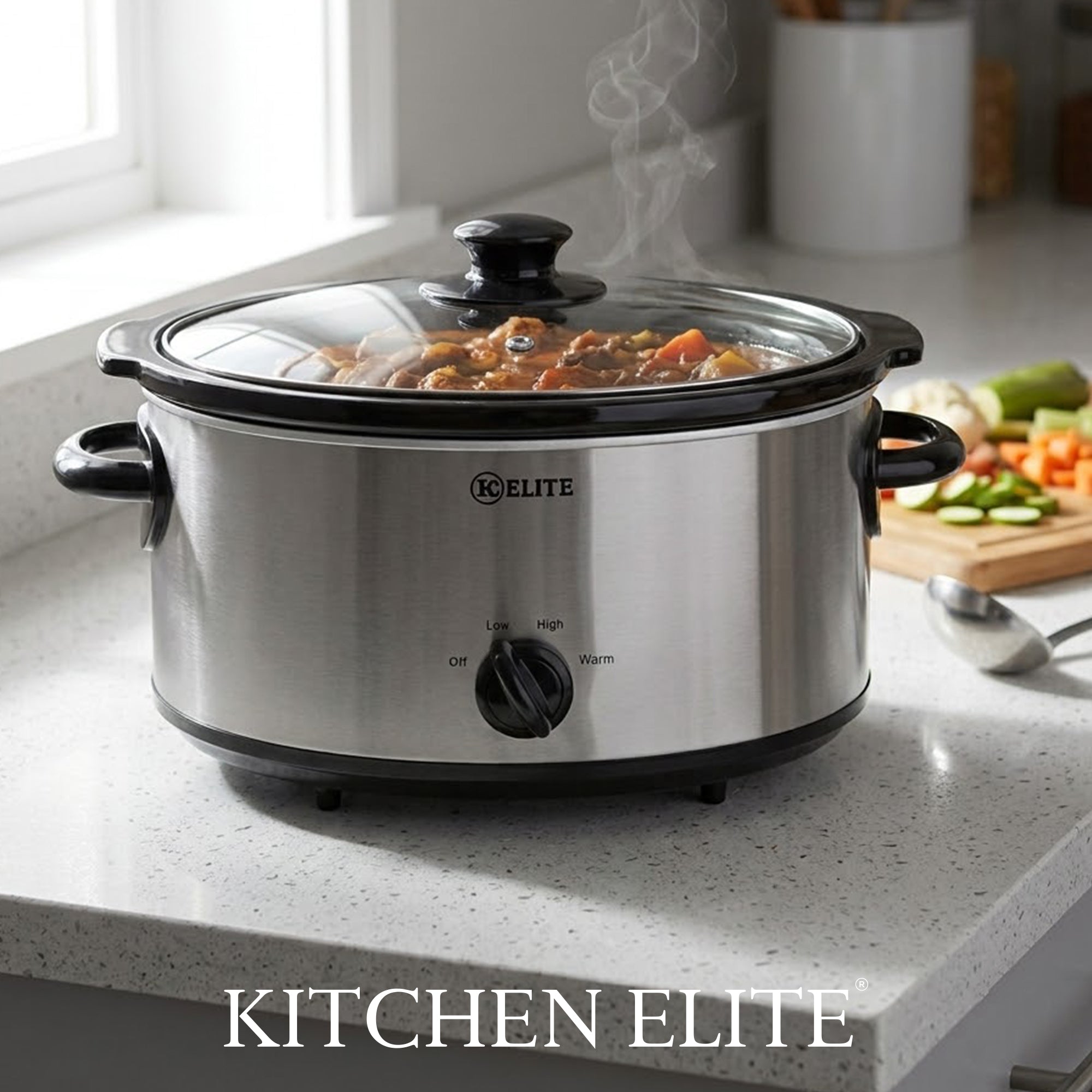 Kitchen Elite 5 Qt Slow Cooker, Stainless Steel Ceramic Crock Pot with Glass Lid - VMInnovations