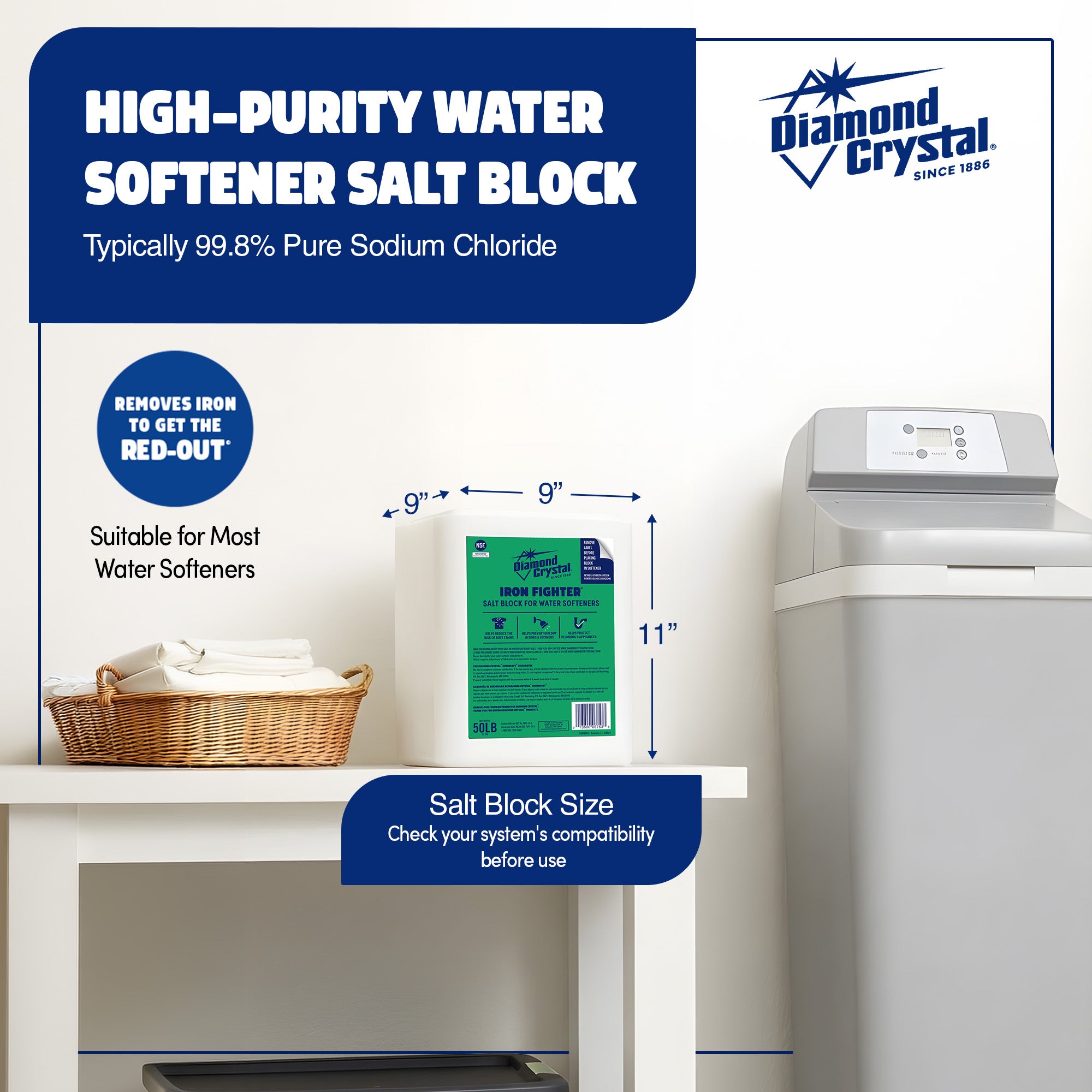 Diamond Crystal Iron Fighter Pure Salt Block for Water Softeners, 50 Pounds
