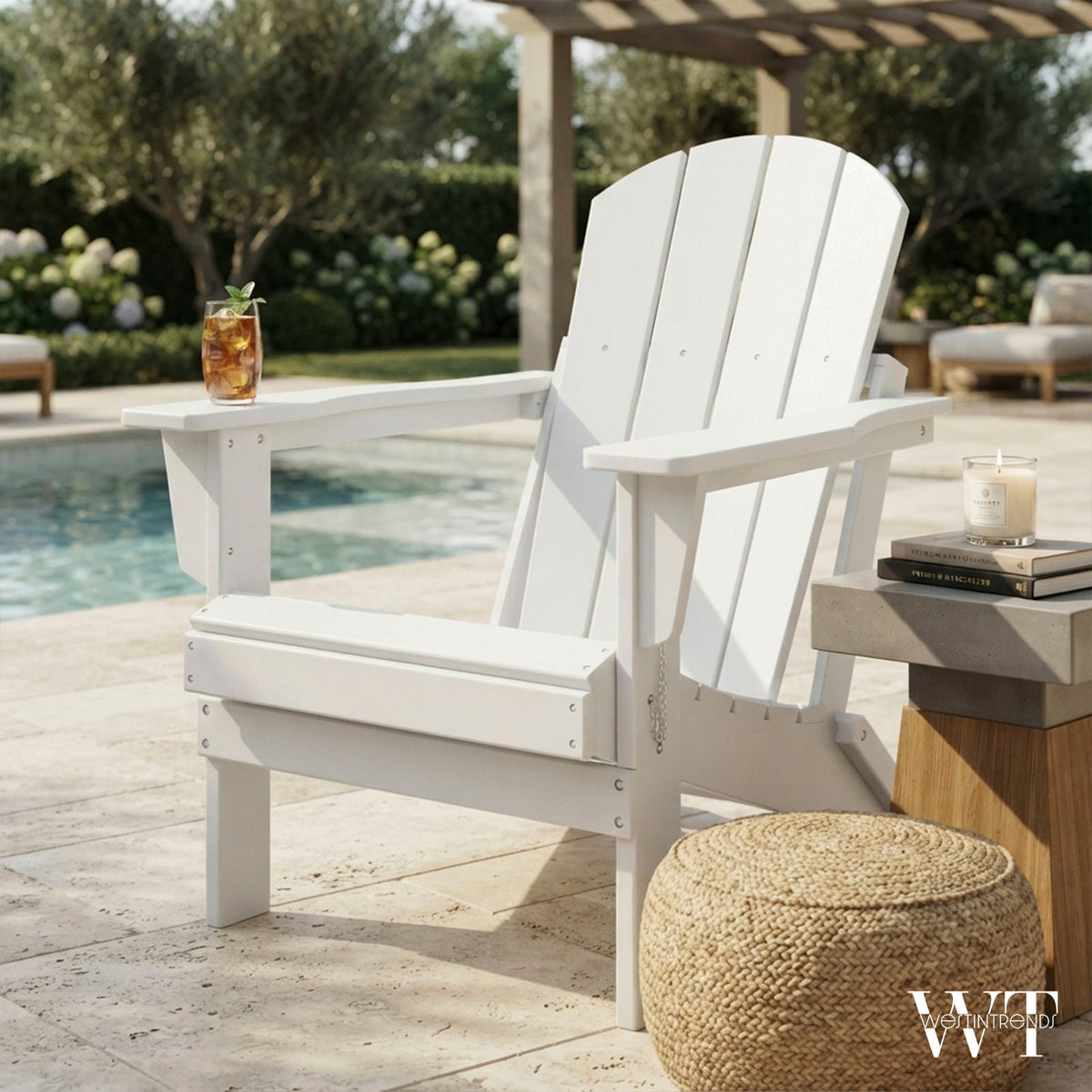 WestinTrends Malibu Classic Outdoor Patio HDPE Folding Adirondack Chair, White