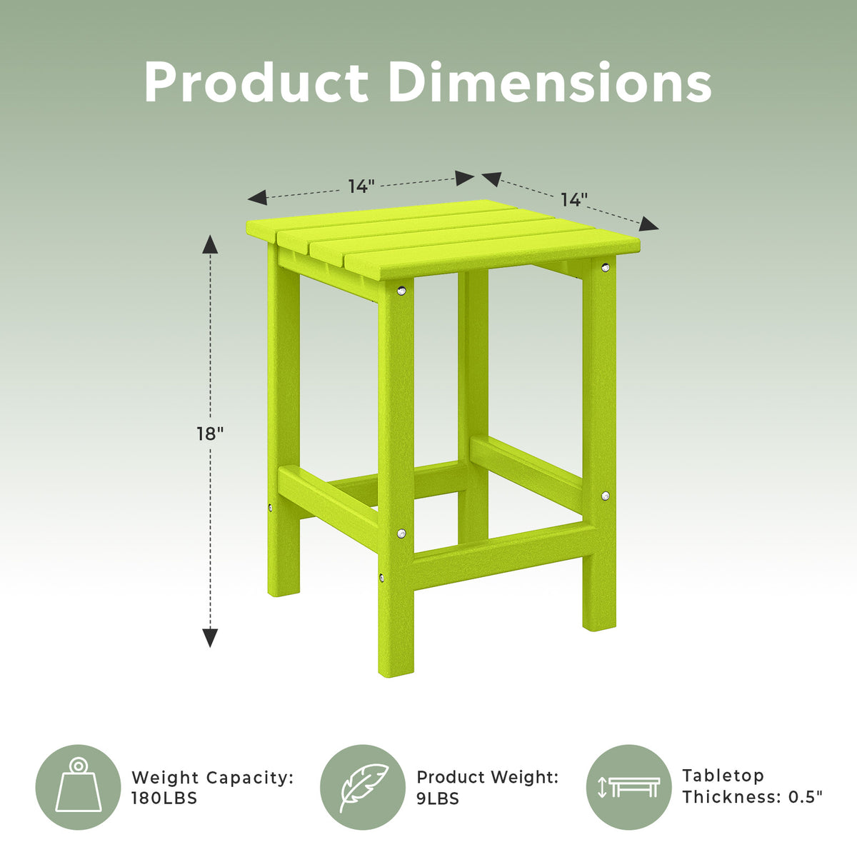 WestinTrends Malibu 14-Inch Square Outdoor Side Table for Adirondack Chair, Lime