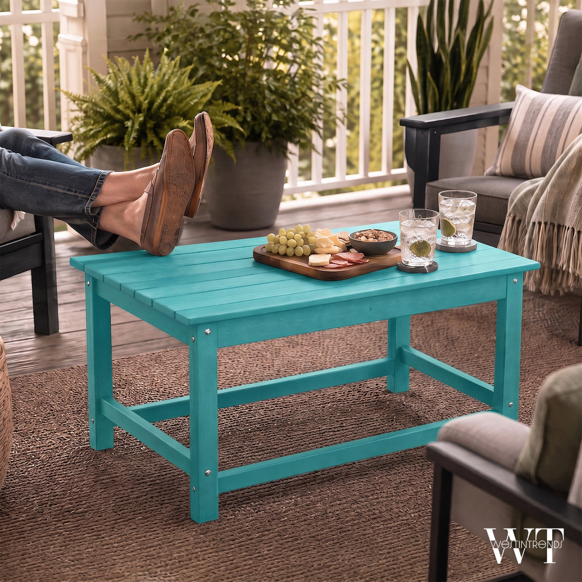 WestinTrends Malibu Patio Set with 4 Adirondack Chairs & Coffee Table, Turquoise